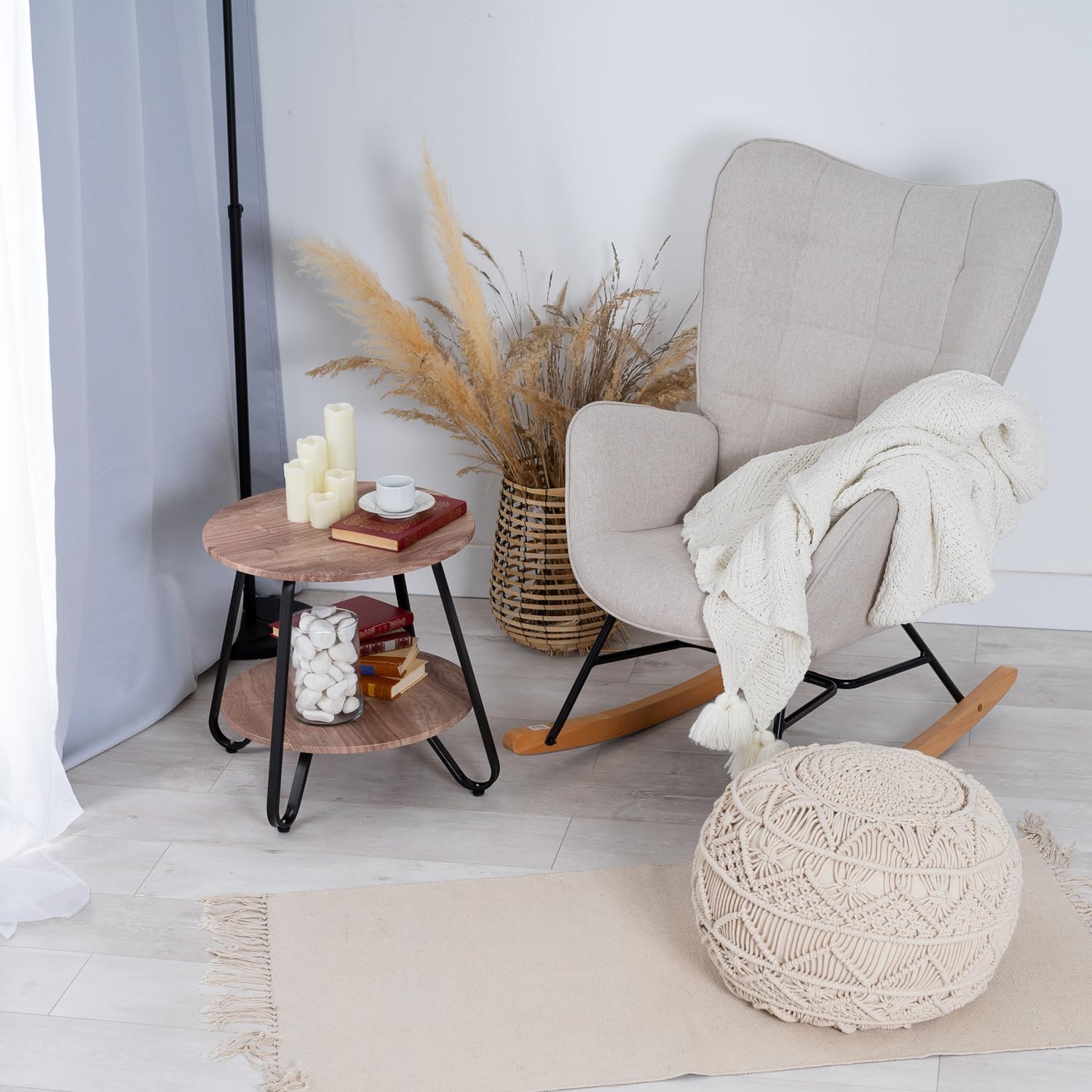 Table d'appoint ronde à 2 niveaux style industriel en métal noir et bois imitation chêne - KONYA TARRANT