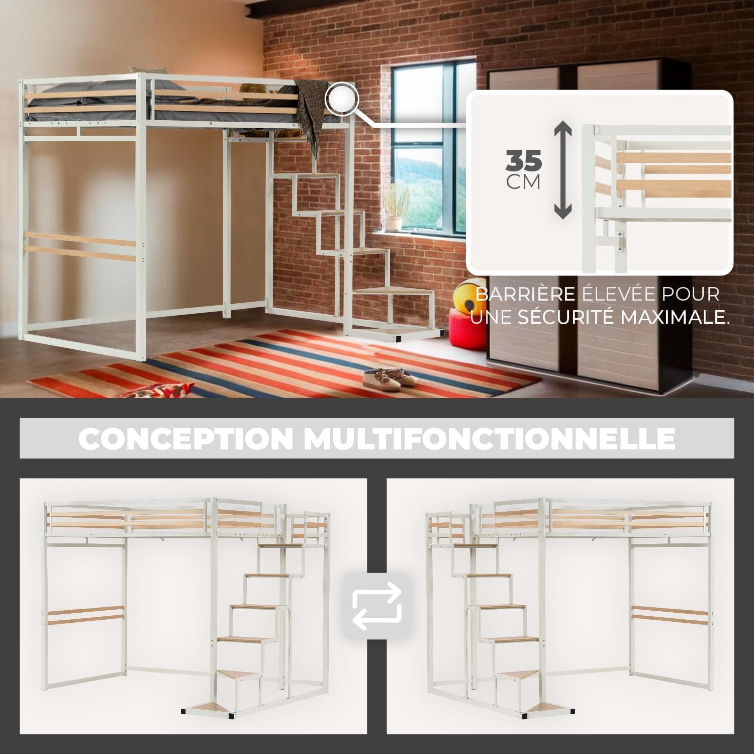 Lit mezzanine 2 places (140x200) avec sommier à lattes au style industriel blanc et bois (matelas non inclus) - UP