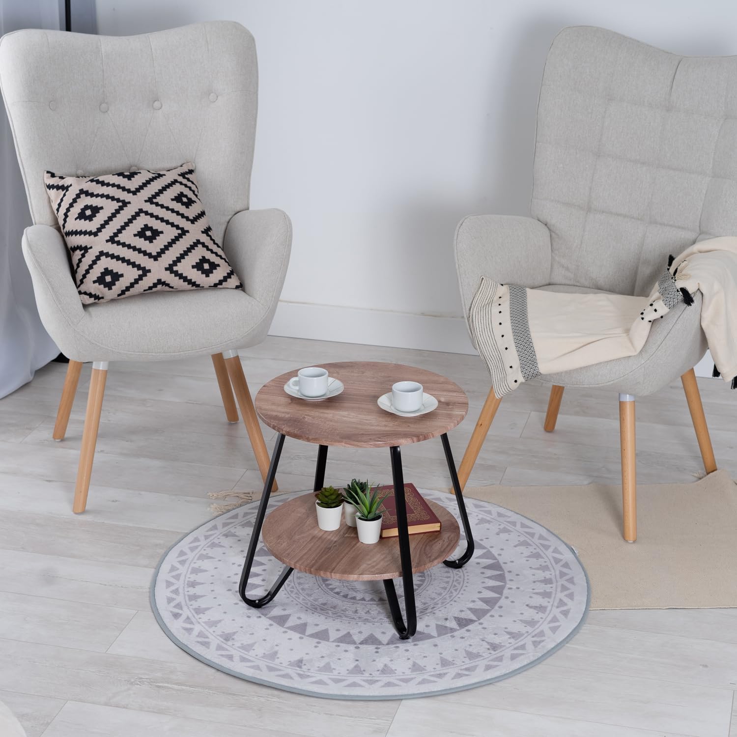 Table d'appoint ronde à 2 niveaux style industriel en métal noir et bois imitation chêne - KONYA TARRANT