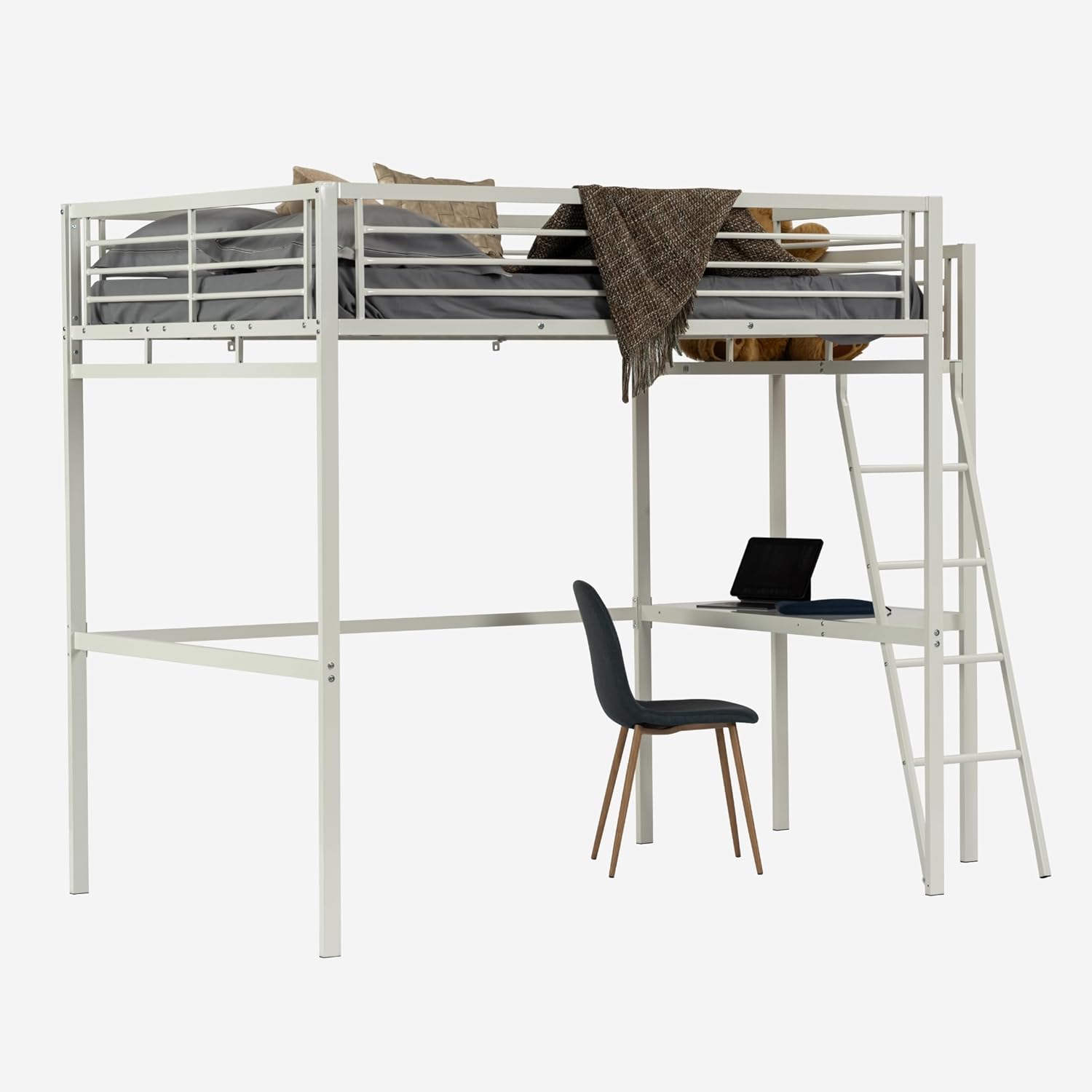 Mezzanine Bett 2 Plätze in Weißmetall mit integriertem Schreibtisch, Schlaf von 140 x 190 cm (Matratze nicht enthalten) - Lionel