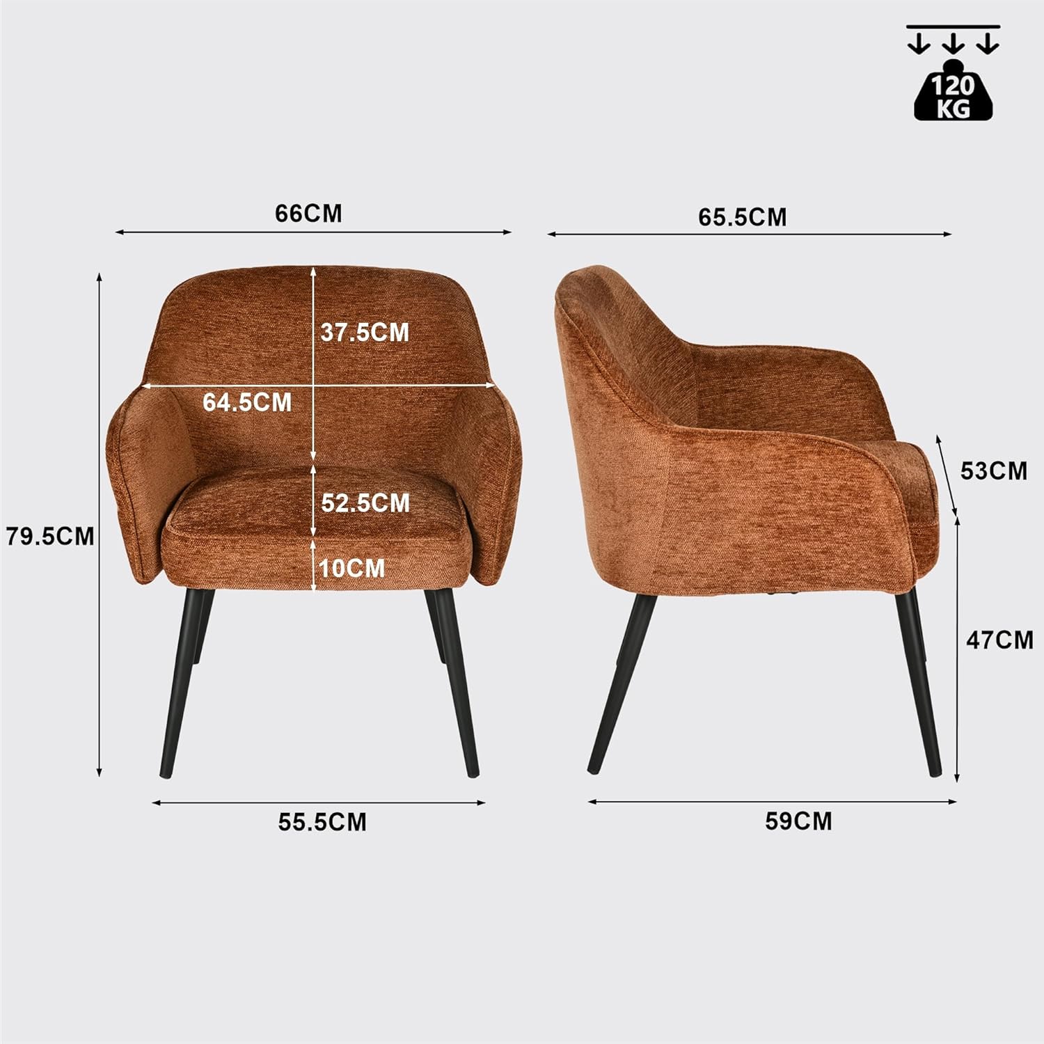 Fauteuil scandinave relax en tissu chenille marron caramel avec accoudoirs et pieds en métal noir ââ‚?MARRIAM