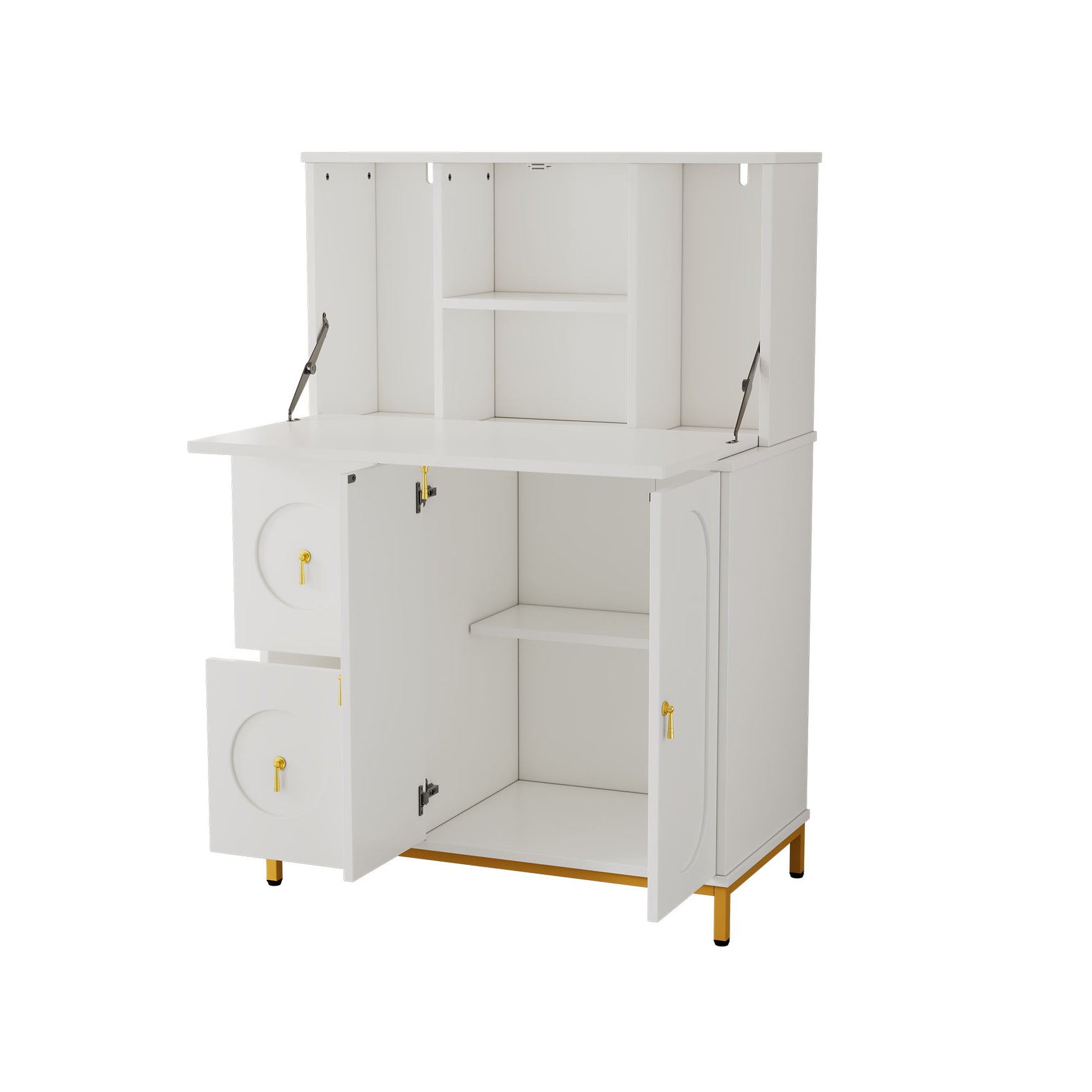 Secrétaire multifonctionnel avec plan de travail rabattable et grands espaces de rangement en blanc