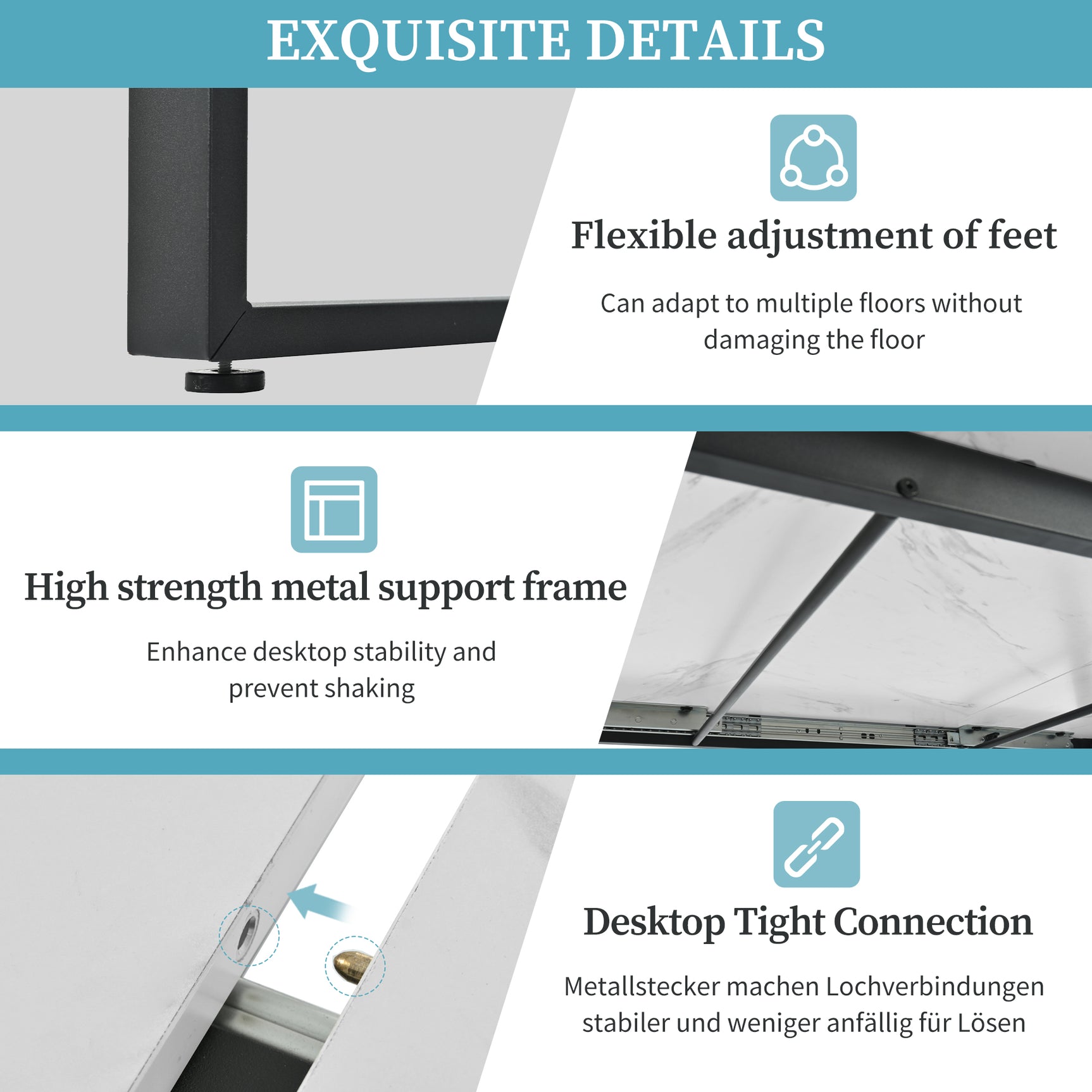 Extensible dining table 140/180x80x75 cm with MDF tray white marble effect and black metal feet