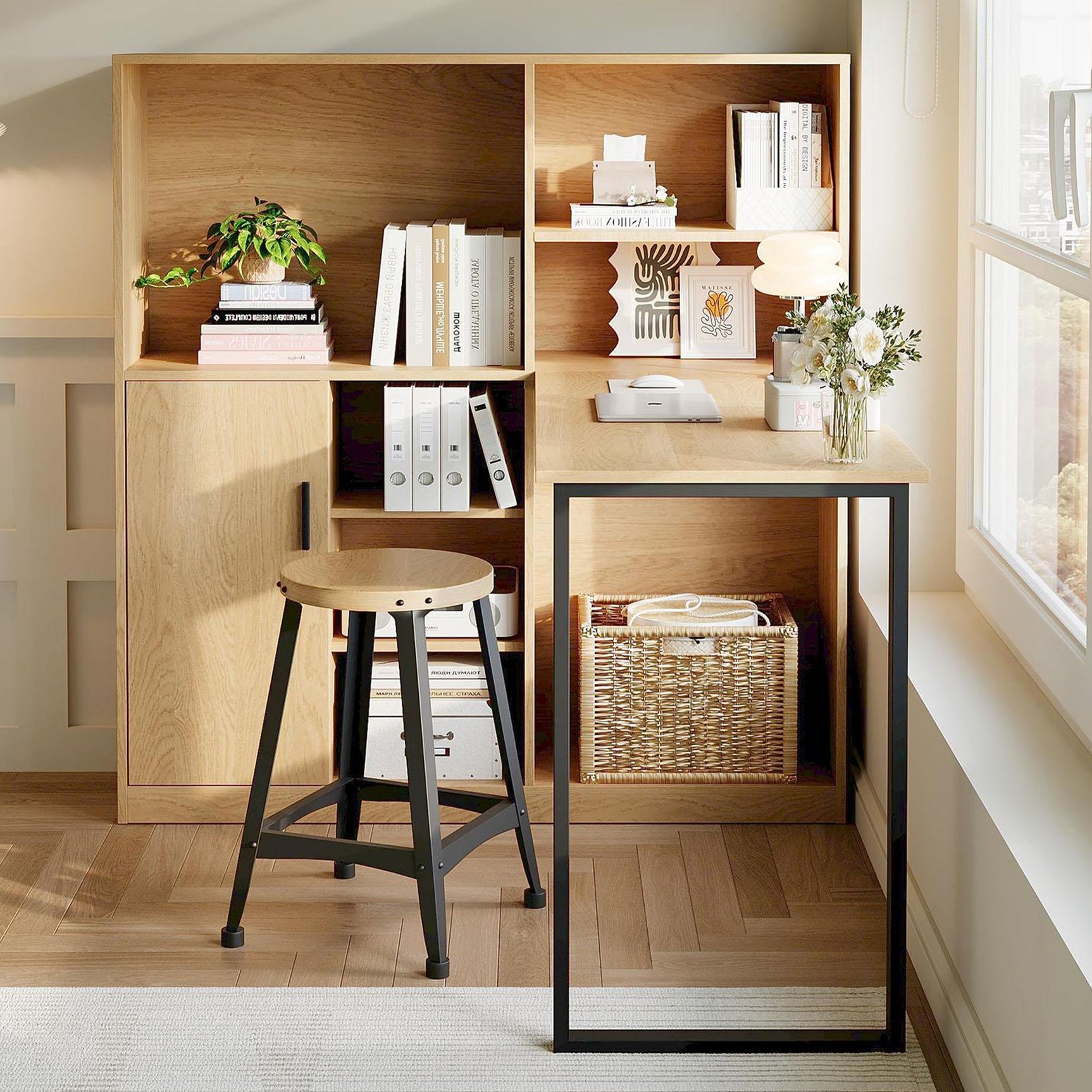 Bureau avec étagères et armoire intégrée en MDF finition bois naturel