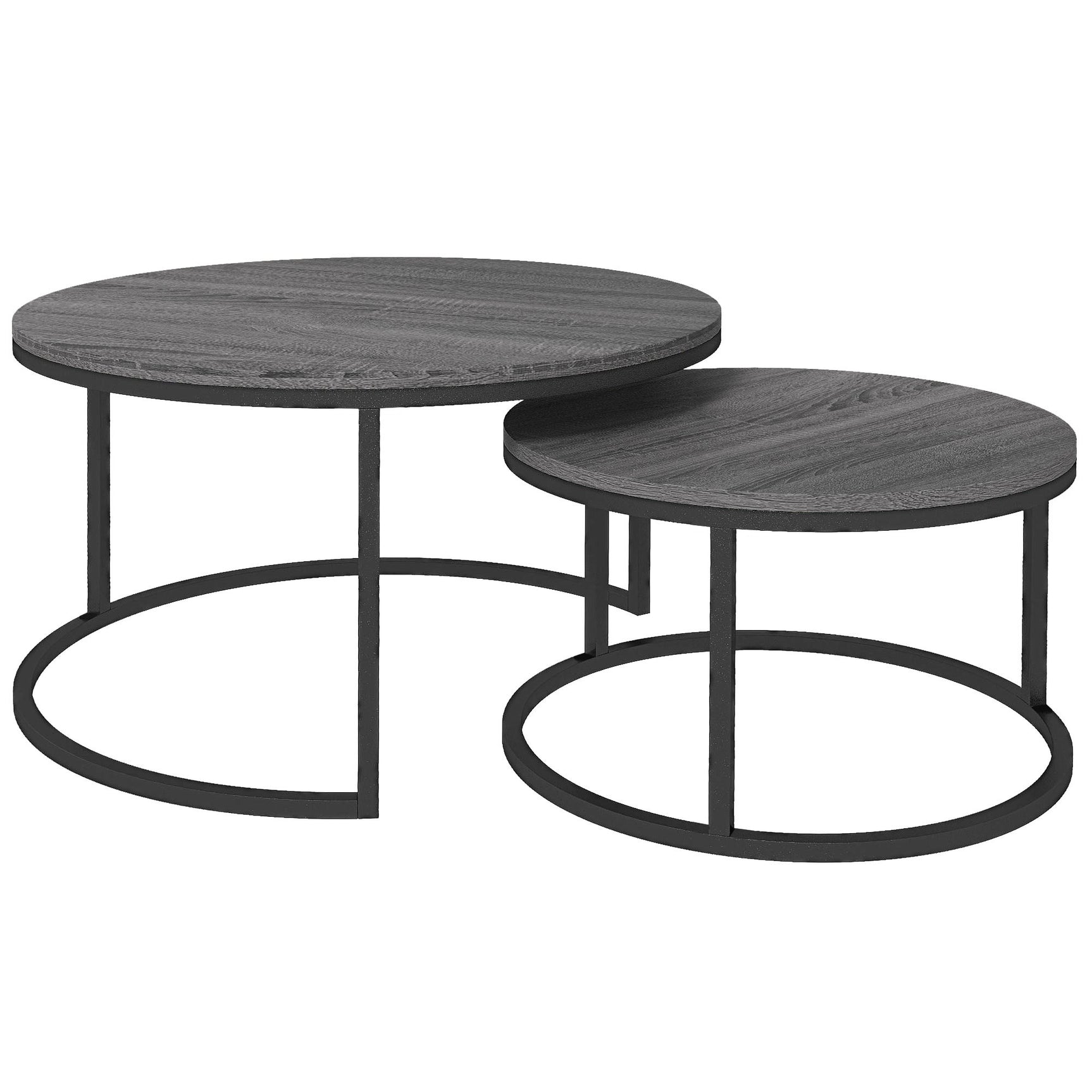 Lot de 2 tables basses rondes empilables avec plateau effet bois et structure en métal noir