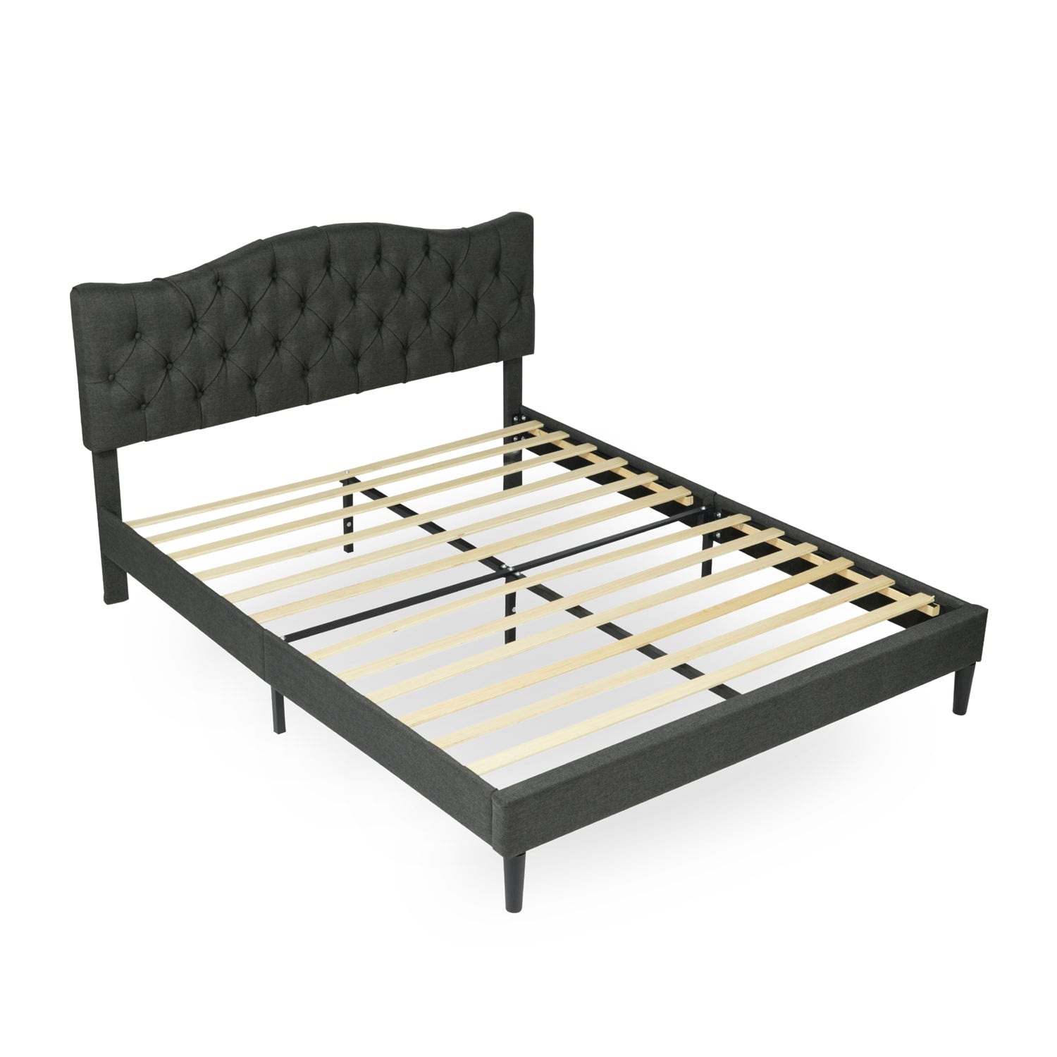 Lit double (140 x 190cm) avec tête de lit capitonnée en tissu gris (matelas non inclus) - LEON