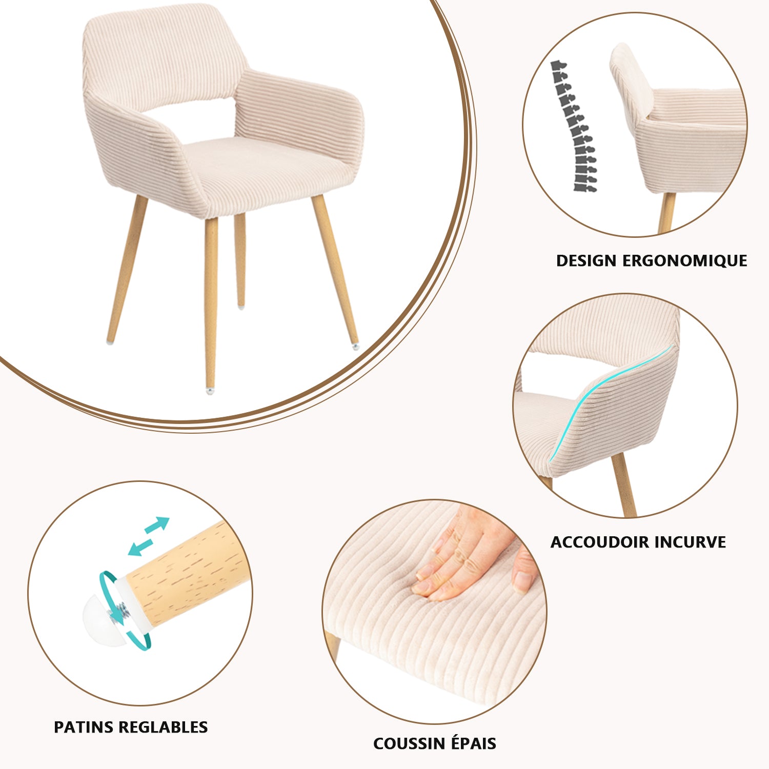 Set von 4 skandinavischen Esszimmer Sesseln mit beige Samtarmlehnen - Cromwell Cord