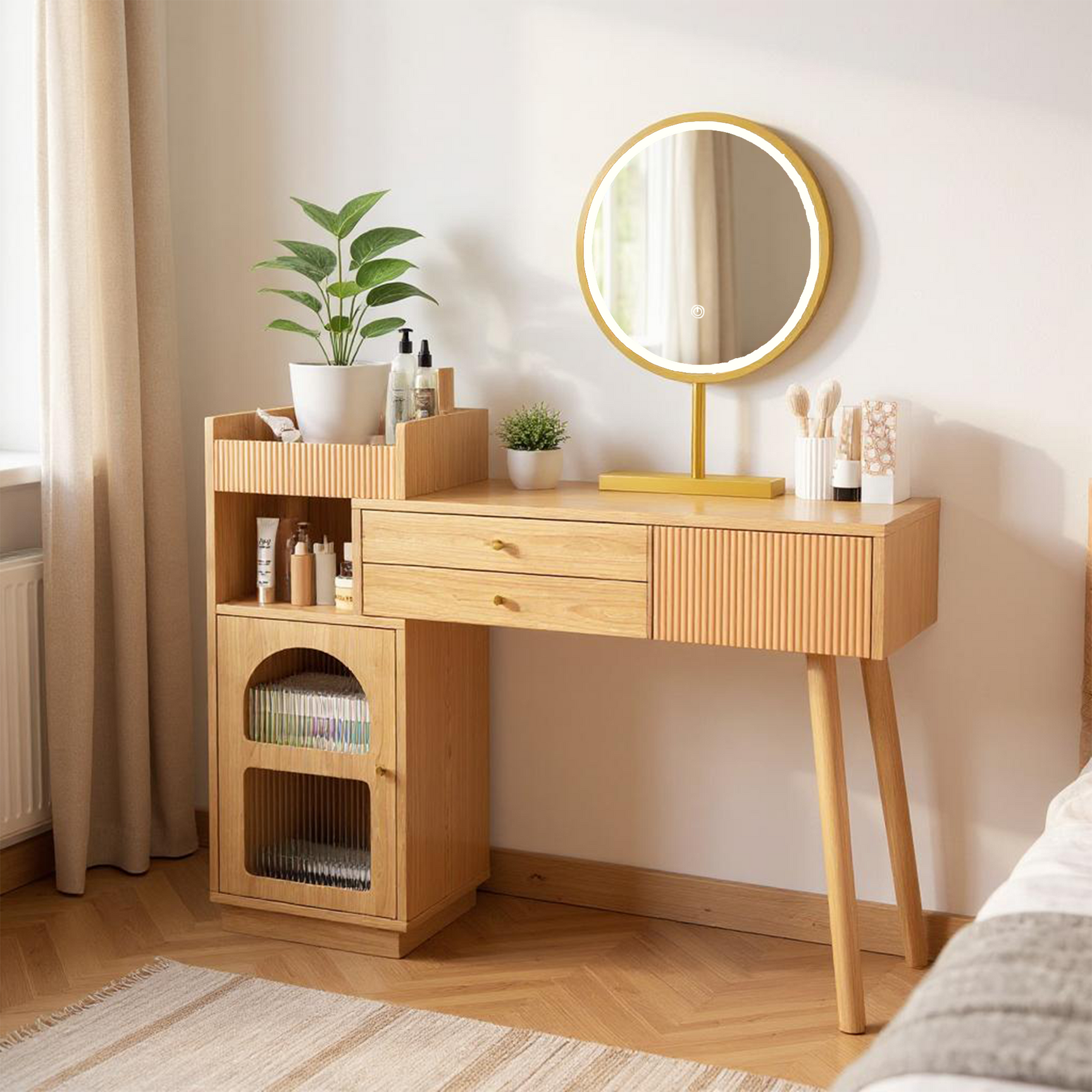 Moderner Friseur mit 3 -LED -LED -Spiegel, großer Stauraum und Seitenglasschrank, 120 x 40 x 90 cm