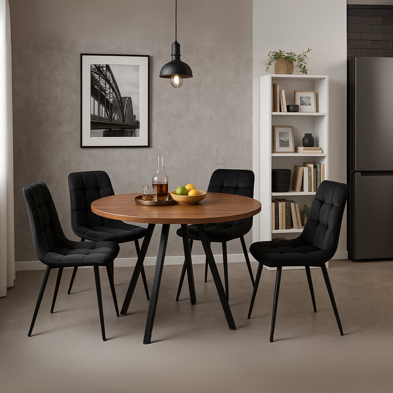 Runder Tisch in Walnussoptik Ø80 cm mit 4 schwarzen Samtstühlen, moderner und komfortabler Stil
