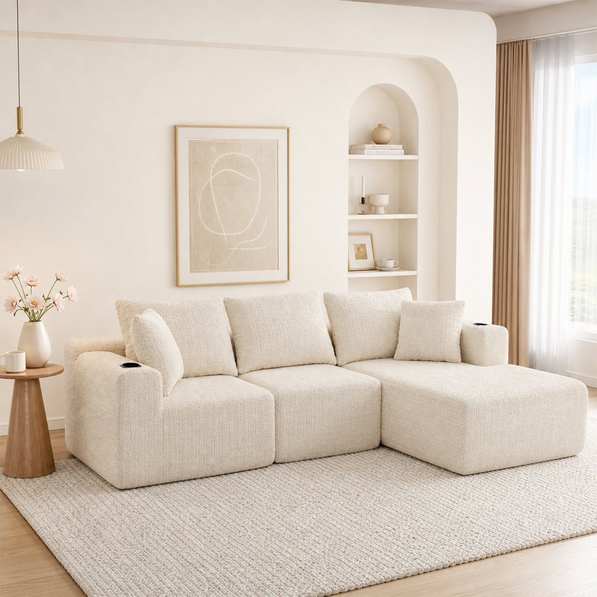2-seater sofa bed in dark gray fabric with side pockets, modern convertible sofa