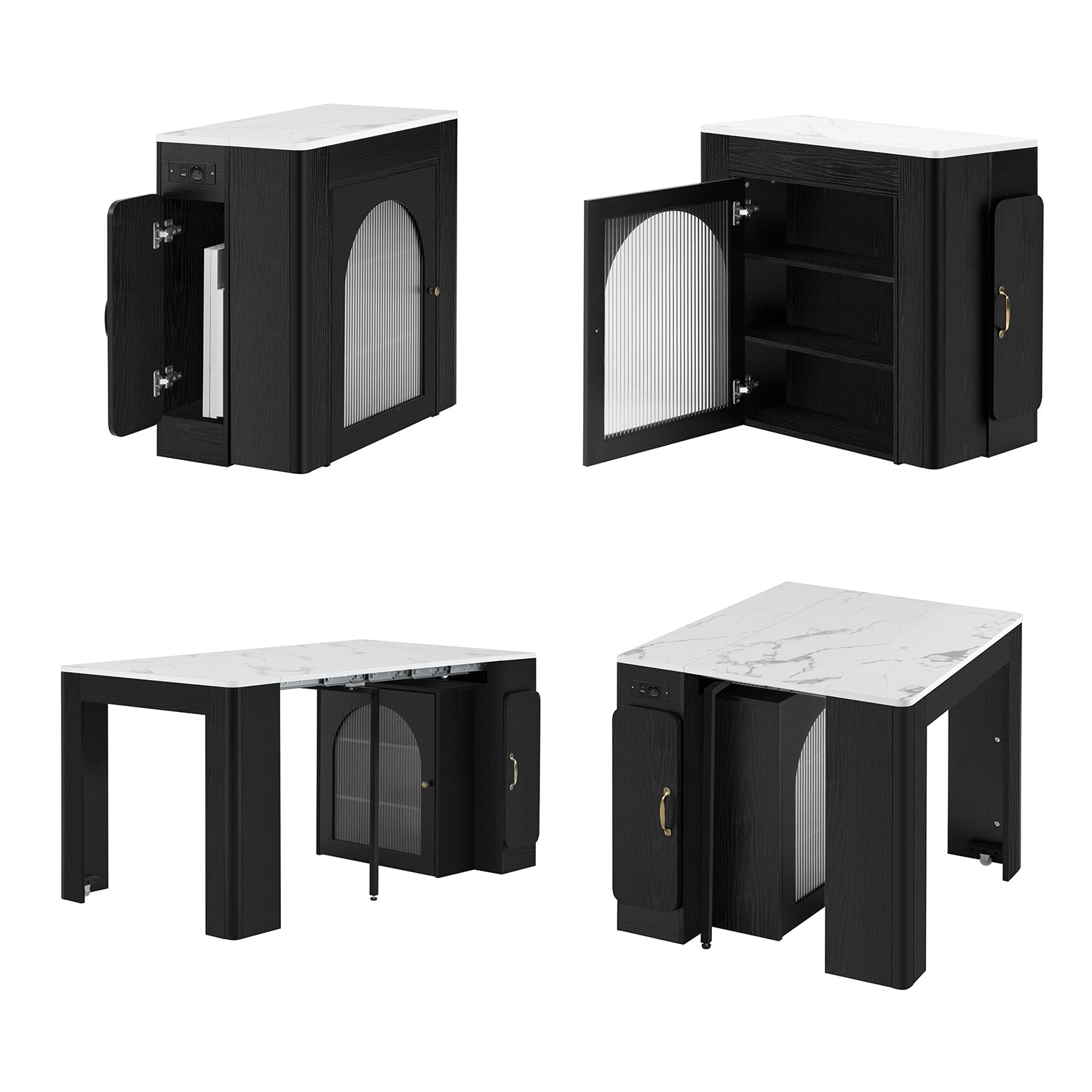 Extensible dining table 140/180x80x75 cm with MDF tray white marble effect and black metal feet