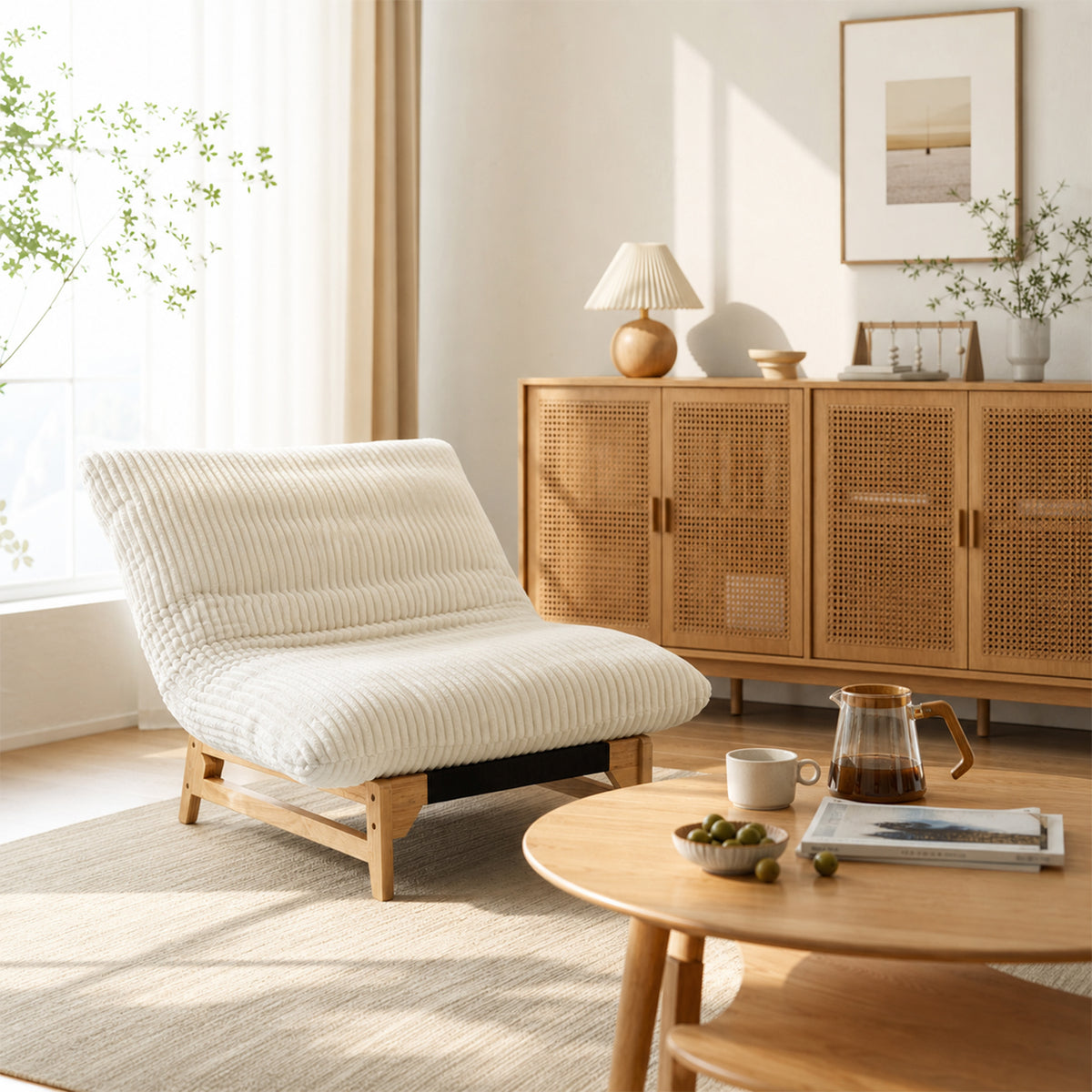 Fauteuil en velours côtelé beige sans accoudoirs