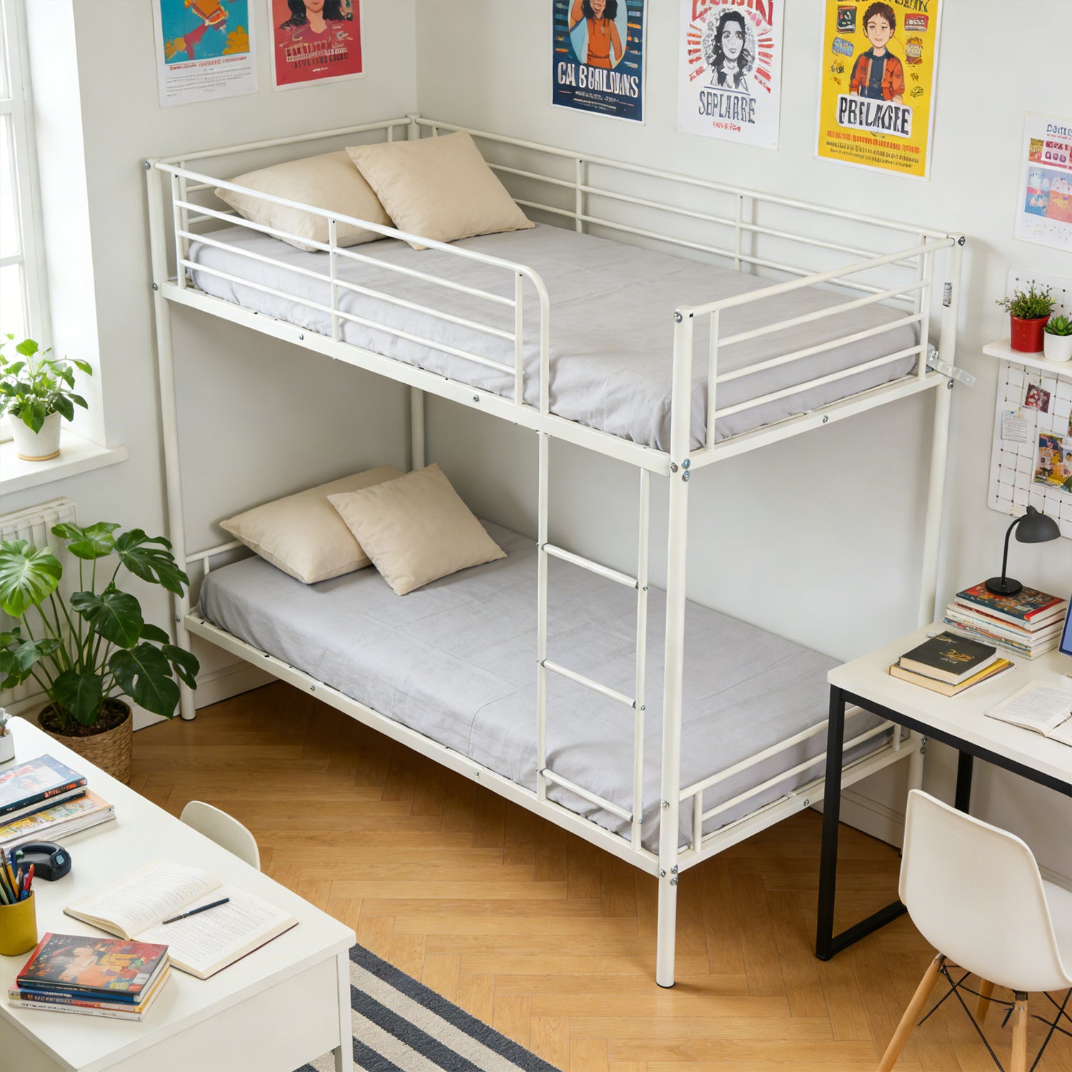 Lit superposé 2 places et 2 étages en métal blanc avec échelle 90x190cm (matelas non inclus) - TWIN