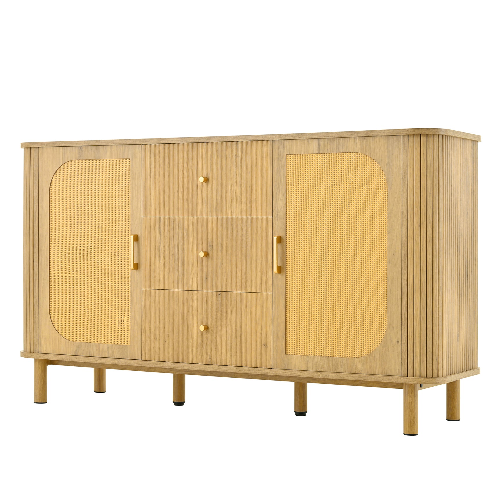 Oak caning buffet with 3 drawers, 2 doors, adjustable shelves and anti-breeching device-120 × 40 × 74 cm
