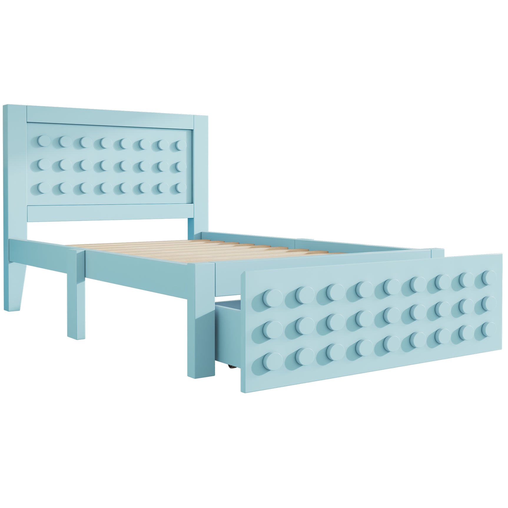 Lit enfant bleu 90x200 cm avec tiroir de rangement et design créatif en blocs, cadre en bois massif