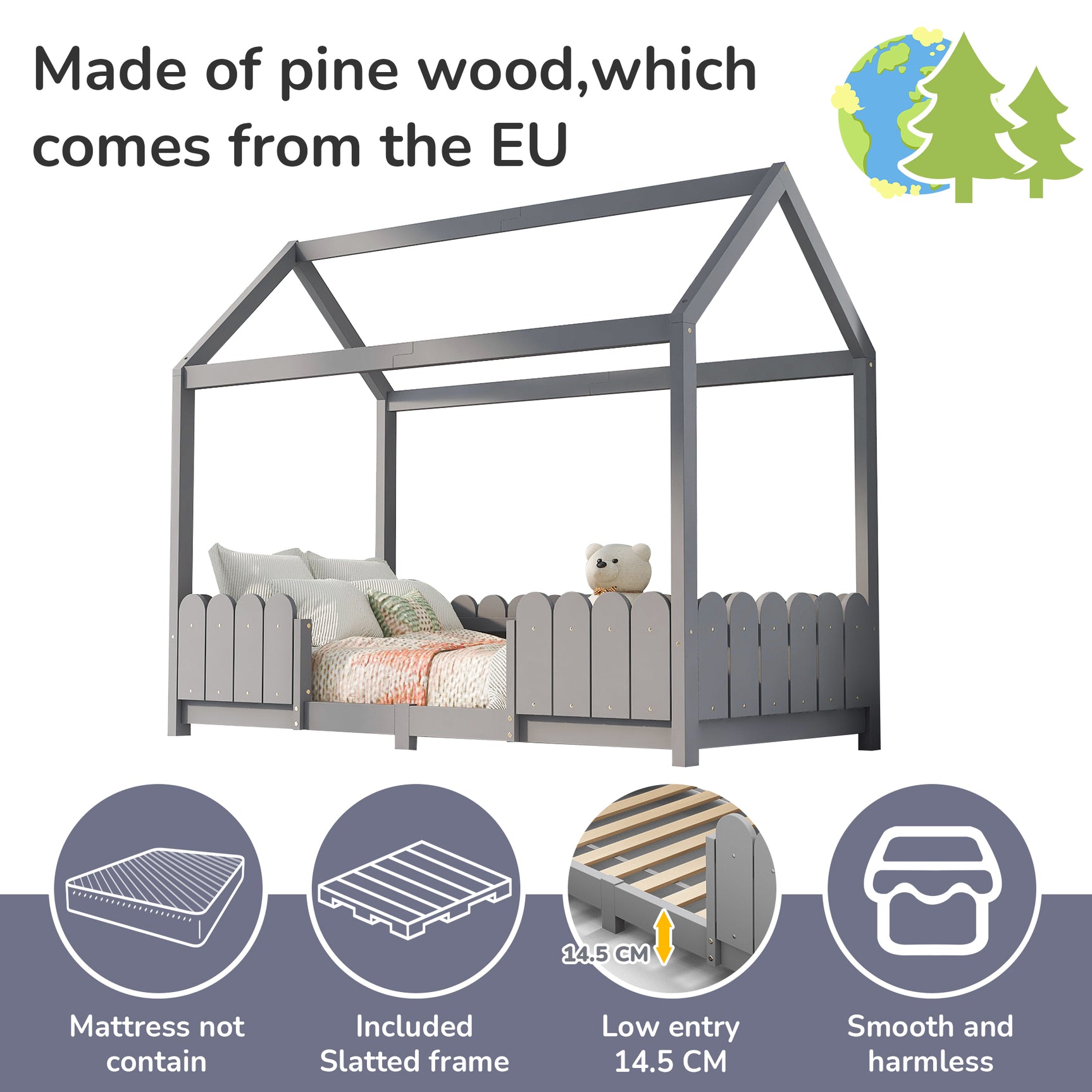 Kinder-Kabinenbett 90x200 cm grau aus Massivholz mit Sicherheitsgeländer und Lattenrost (ohne Matratze)