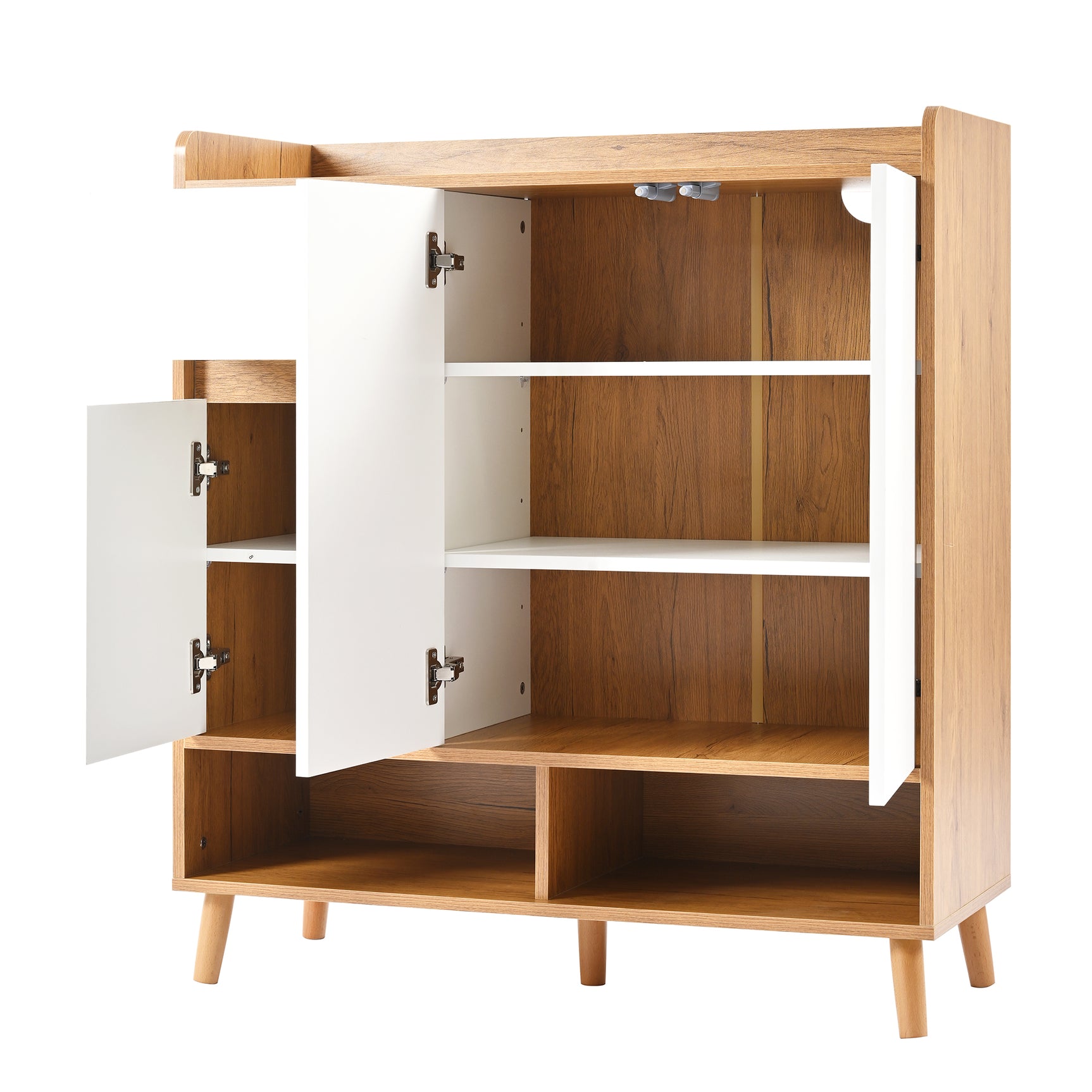 Commode / buffet / meuble à chaussures blanc et bois 90x35x99 cm avec étagères réglables et pieds en bois massif