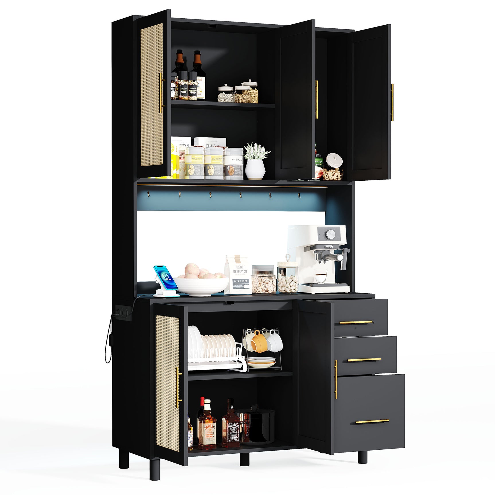 183 cm Küchenbuffet mit LED -Beleuchtung, gesteuert von Anwendung, 2 USB -Häfen, 2 Sockeln, 3 Schubladen, verstellbaren Regalen und goldenen Griffen - ideal für Küchen- und Esszimmer