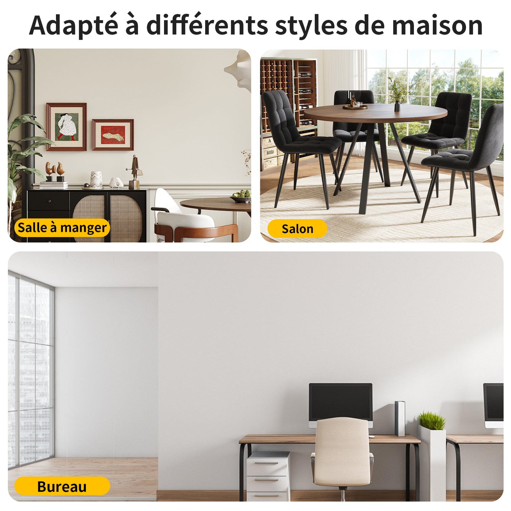 Runder Tisch in Walnussoptik Ø80 cm mit 4 schwarzen Samtstühlen, moderner und komfortabler Stil