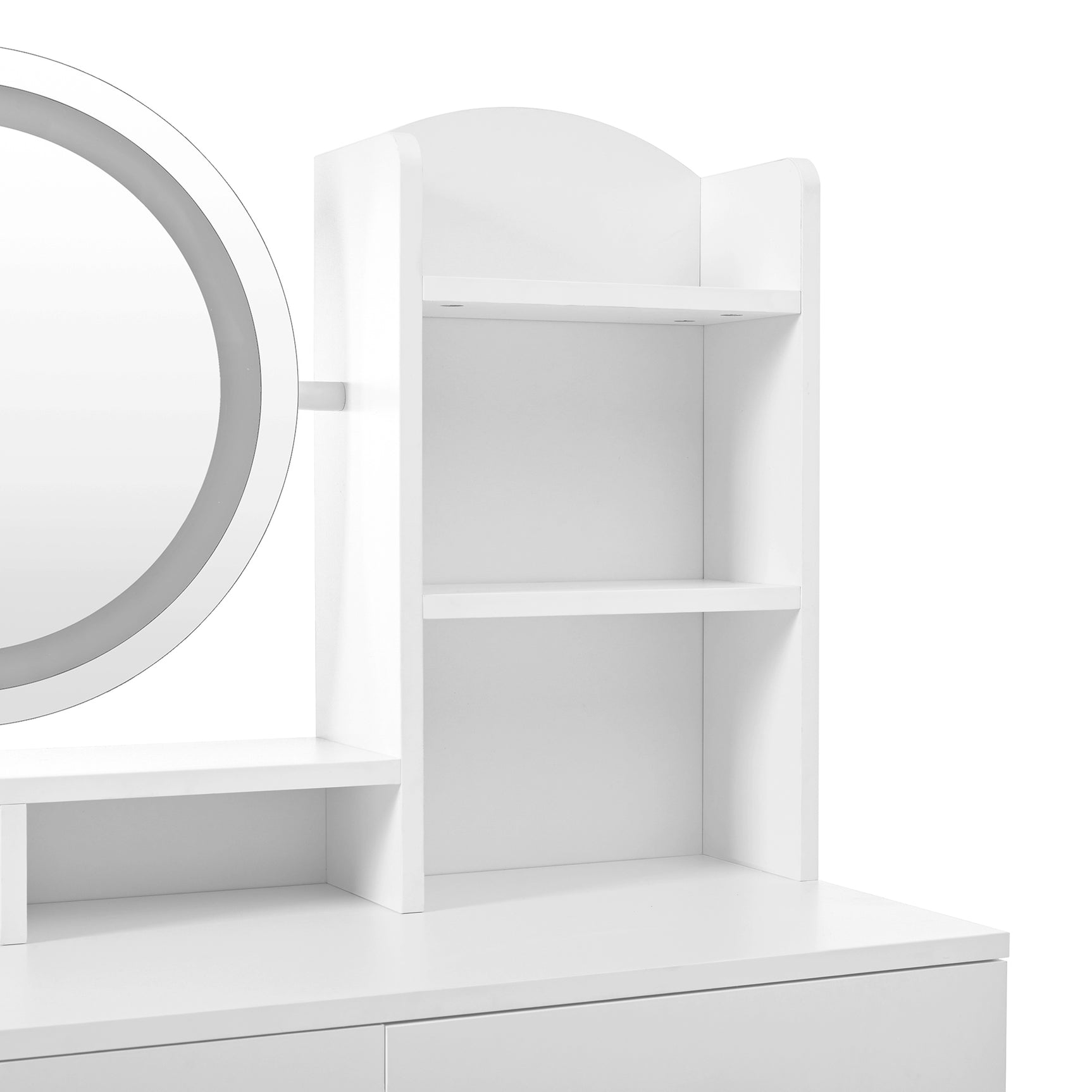 Coiffeuse 4-en-1 blanche avec miroir entier et miroir de table rotatif, tabouret rembourré, rangement intégré et éclairage LED 3 couleurs, 109x36x164 cm