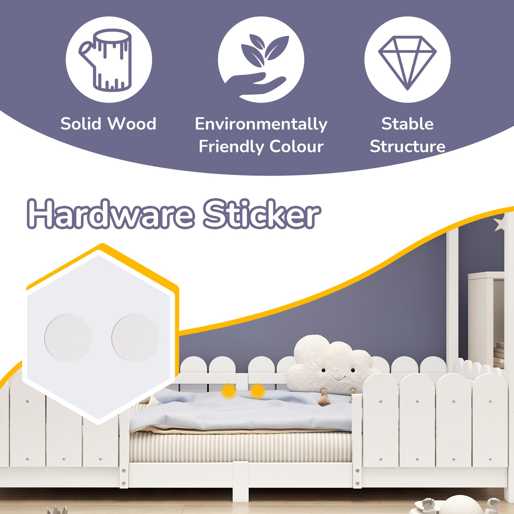 Kinderkabine 90x200 cm weiß in festem Holz mit Sicherheitsbarrieren und Schleiferboxen (ohne Matratzen)