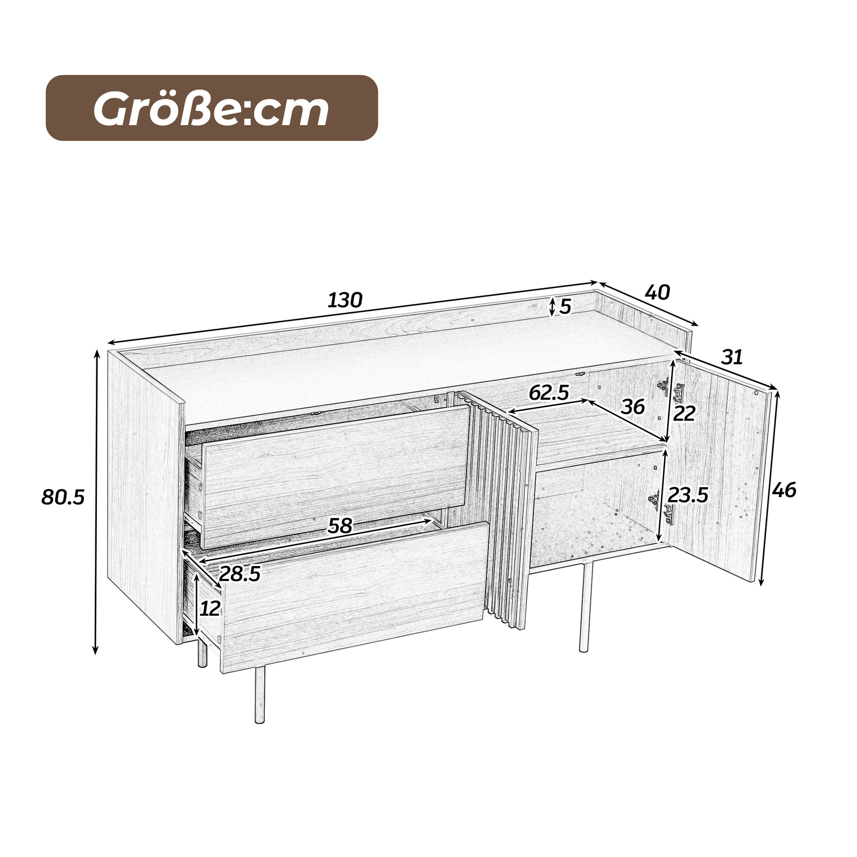 Modernes minimalistisches Buffet 130 cm mit 2 Schubladen, Türen und verstellbares Regal, schwarzes Tablett und Eichendekor, schwarze Metallfüße