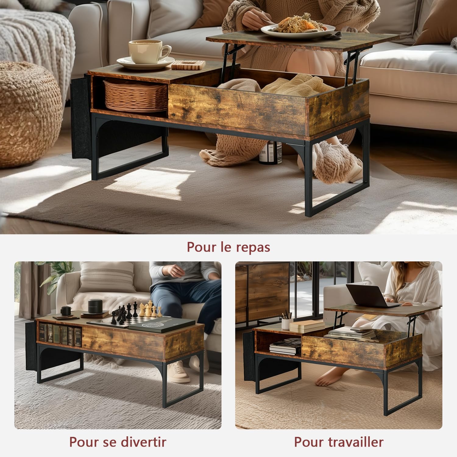 Table basse relevable style industriel avec rangement caché, plateau élévateur et pochette latérale, bois vintage et métal noir - ZOLA