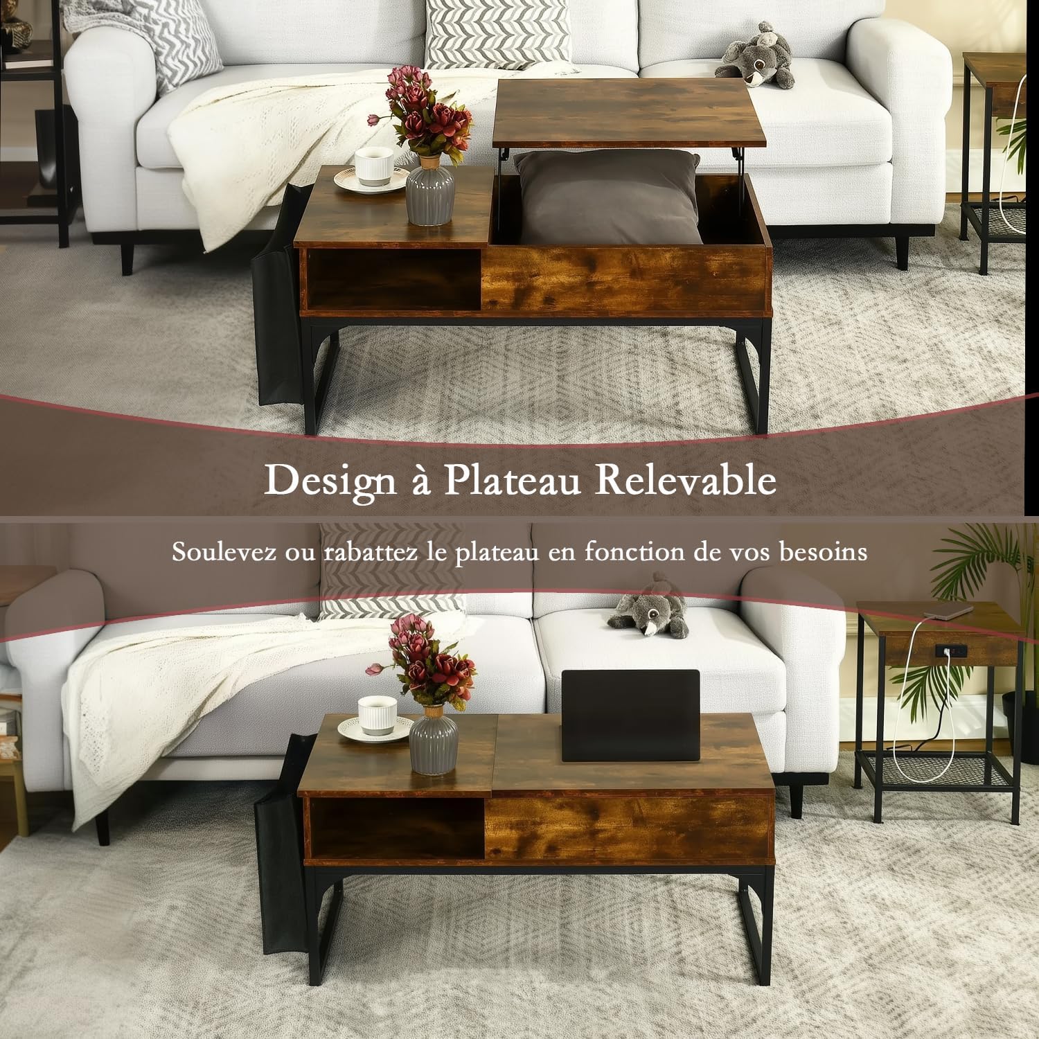 Table basse relevable style industriel avec rangement caché, plateau élévateur et pochette latérale, bois vintage et métal noir - ZOLA