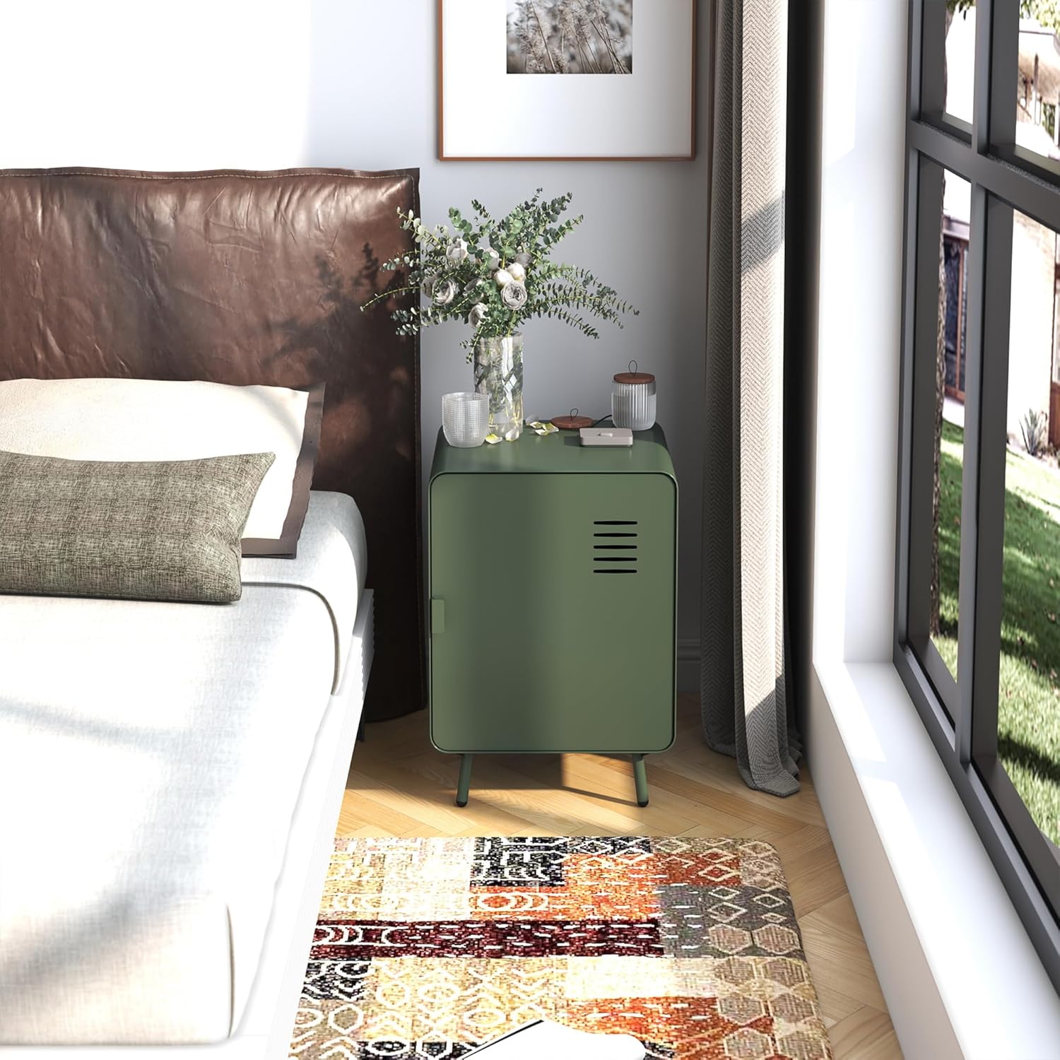 Table de chevet en métal vert style industriel avec rangement et étagère - WALNUT