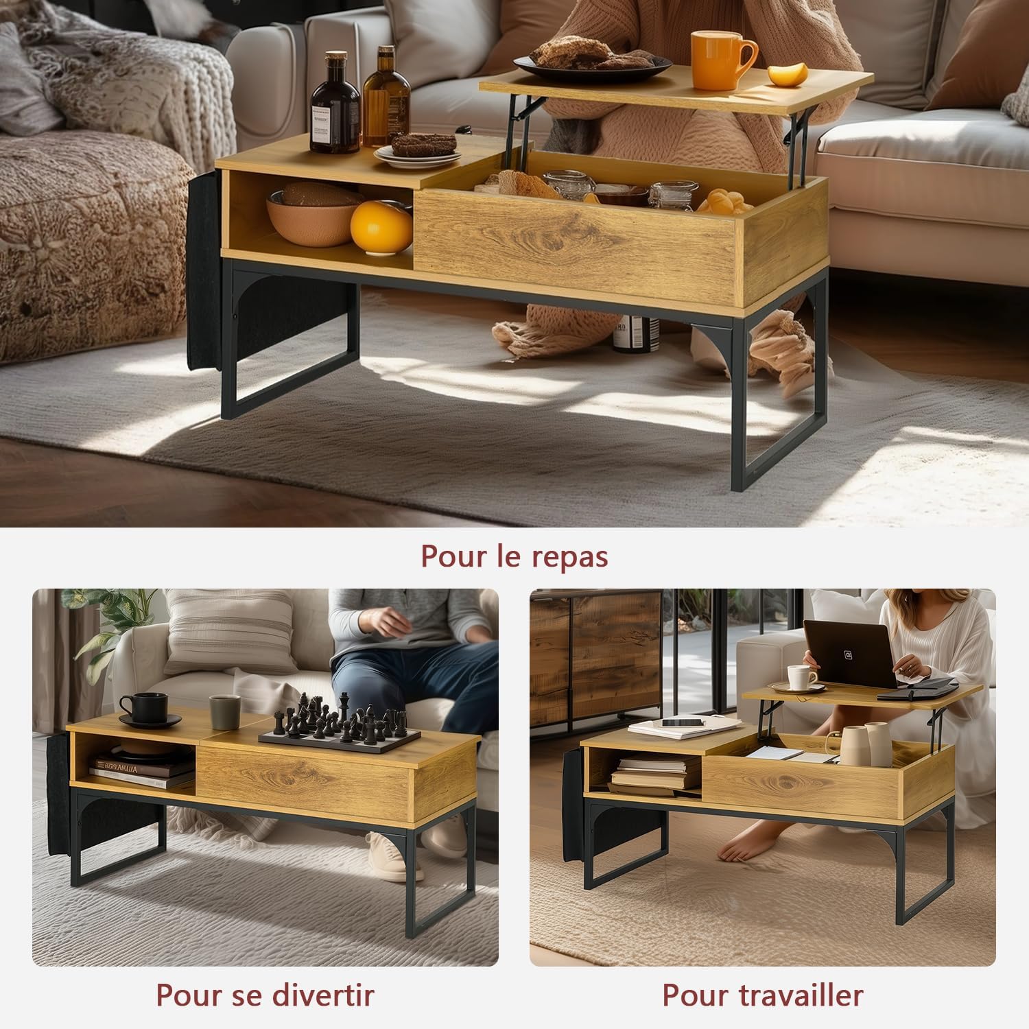 Table basse relevable style industriel avec rangement caché, plateau élévateur et pochette latérale, bois de chêne et métal noir - ZOLA