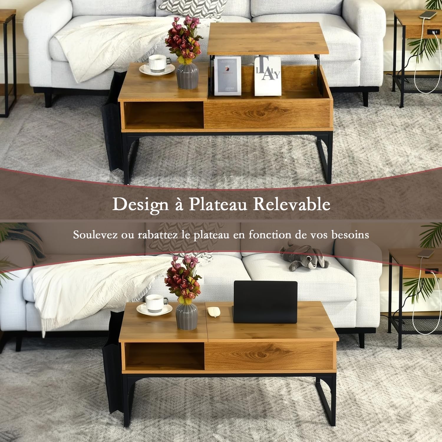 Table basse relevable style industriel avec rangement caché, plateau élévateur et pochette latérale, bois de chêne et métal noir - ZOLA