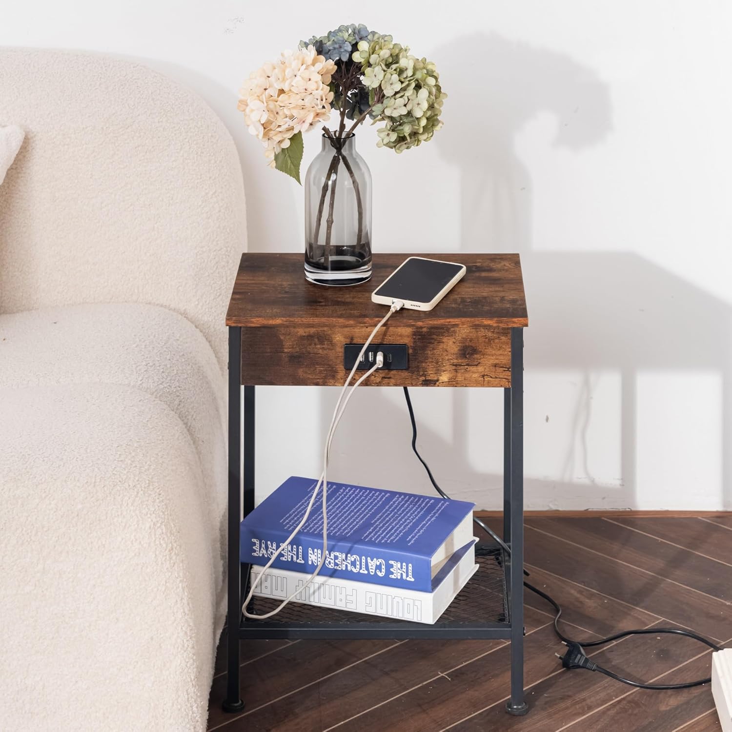 Actoint table/end of industrial design in vintage brown and black metal with double tray and integrated USB ports - Oakham