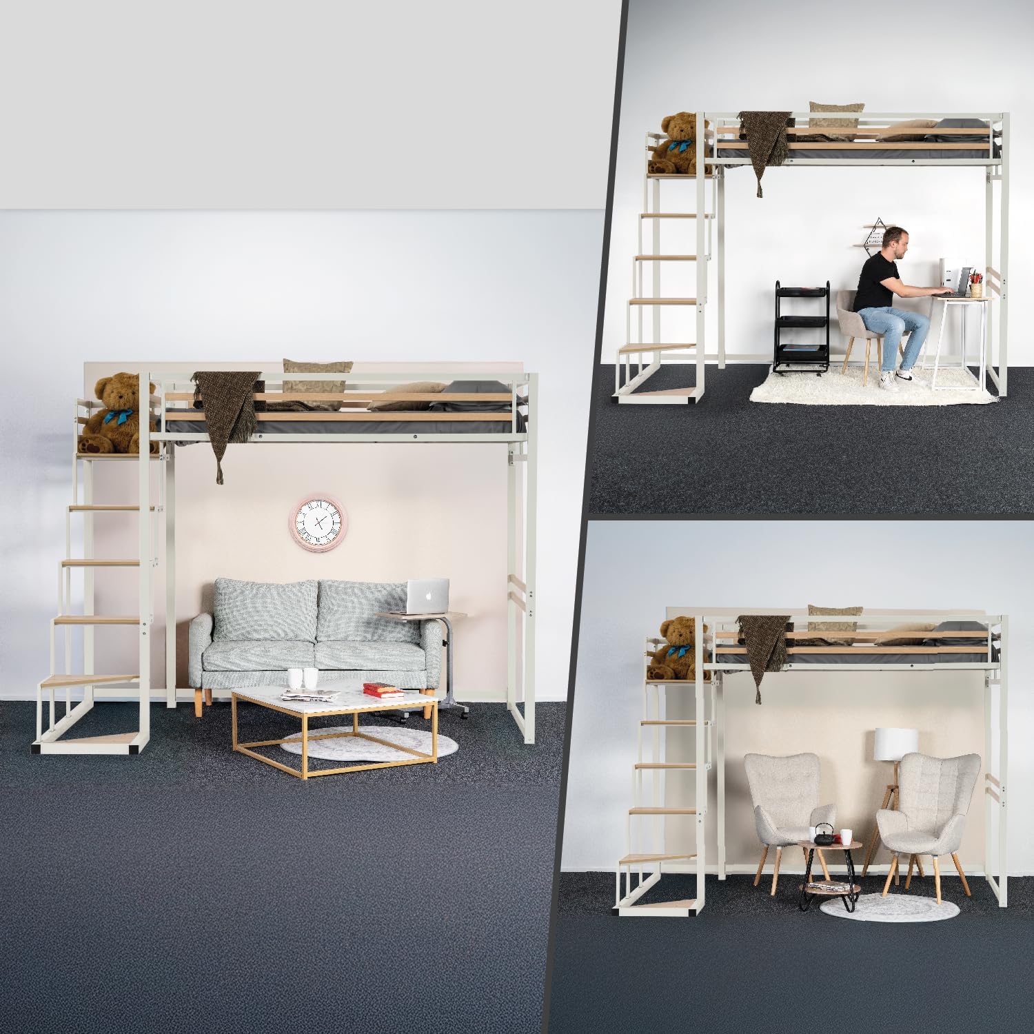 Lit mezzanine 2 places (140x200) avec sommier à lattes au style industriel blanc et bois (matelas non inclus) - UP