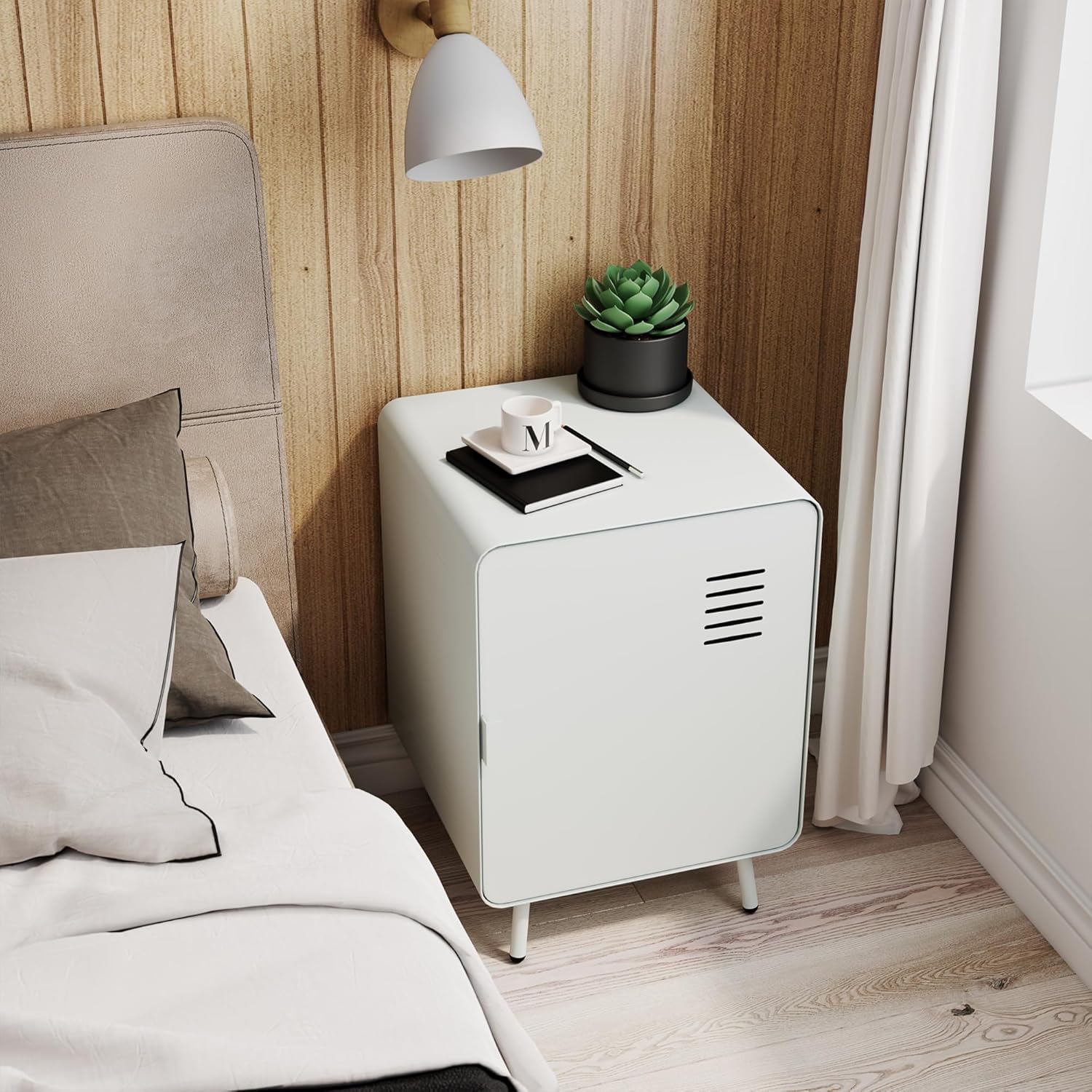 Table de chevet en métal blanc style industriel avec rangement et étagère - WALNUT