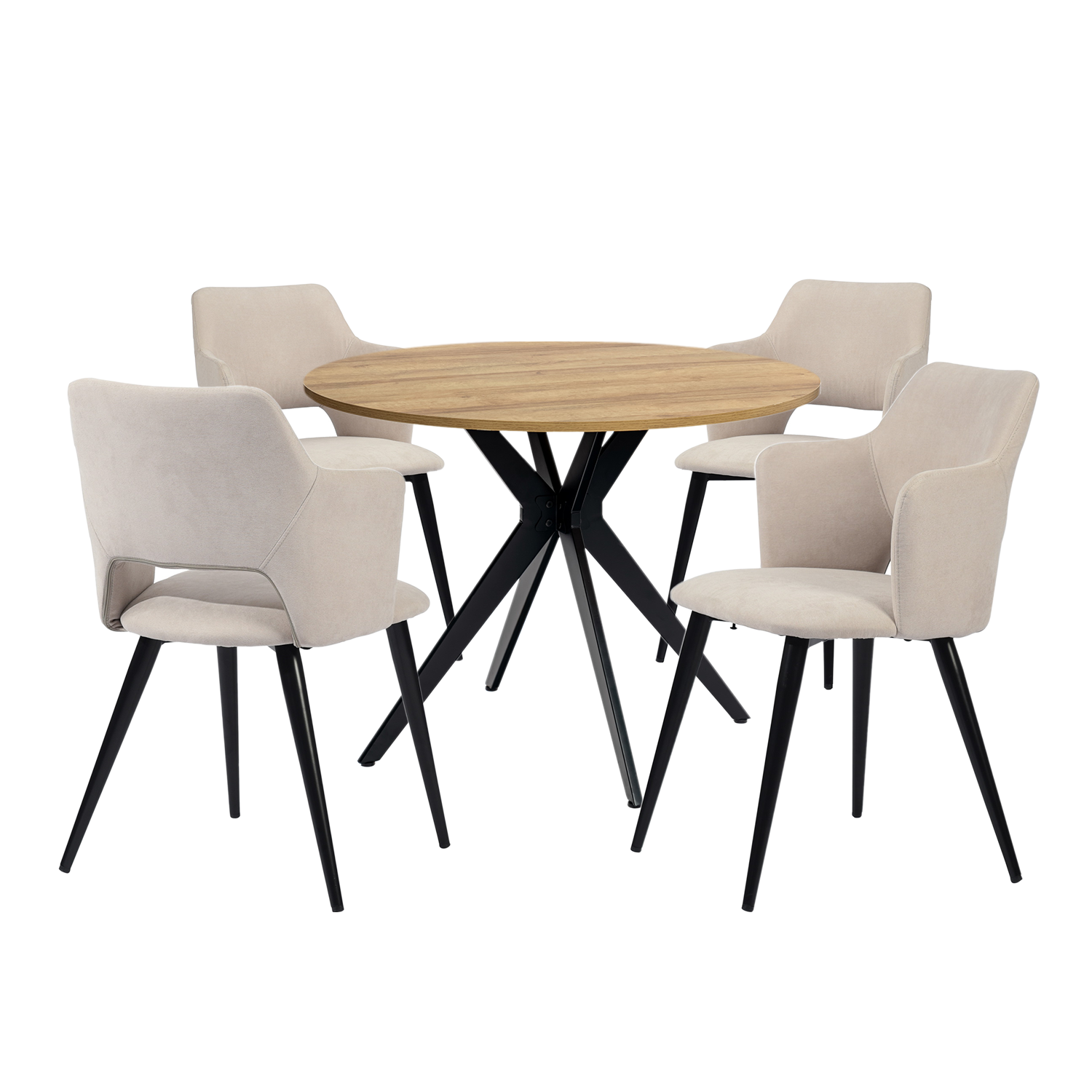 Ensemble table à manger ronde en chêne avec pieds en forme de X et 4 fauteuils en tissu beige de style scandinave pour salle à manger
