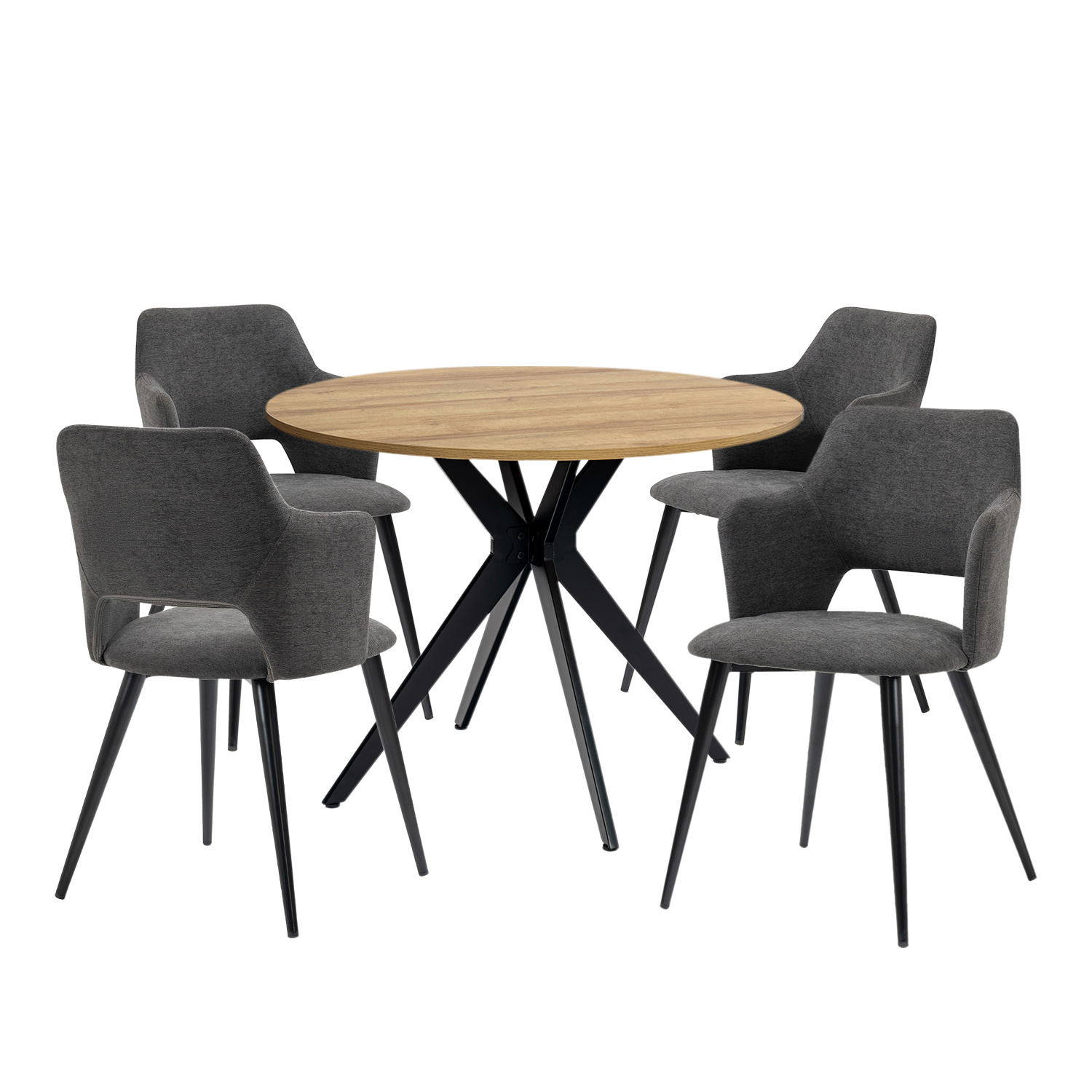 Ensemble table à manger ronde en chêne avec pieds en forme de X et 4 fauteuils en tissu gris de style scandinave pour salle à manger