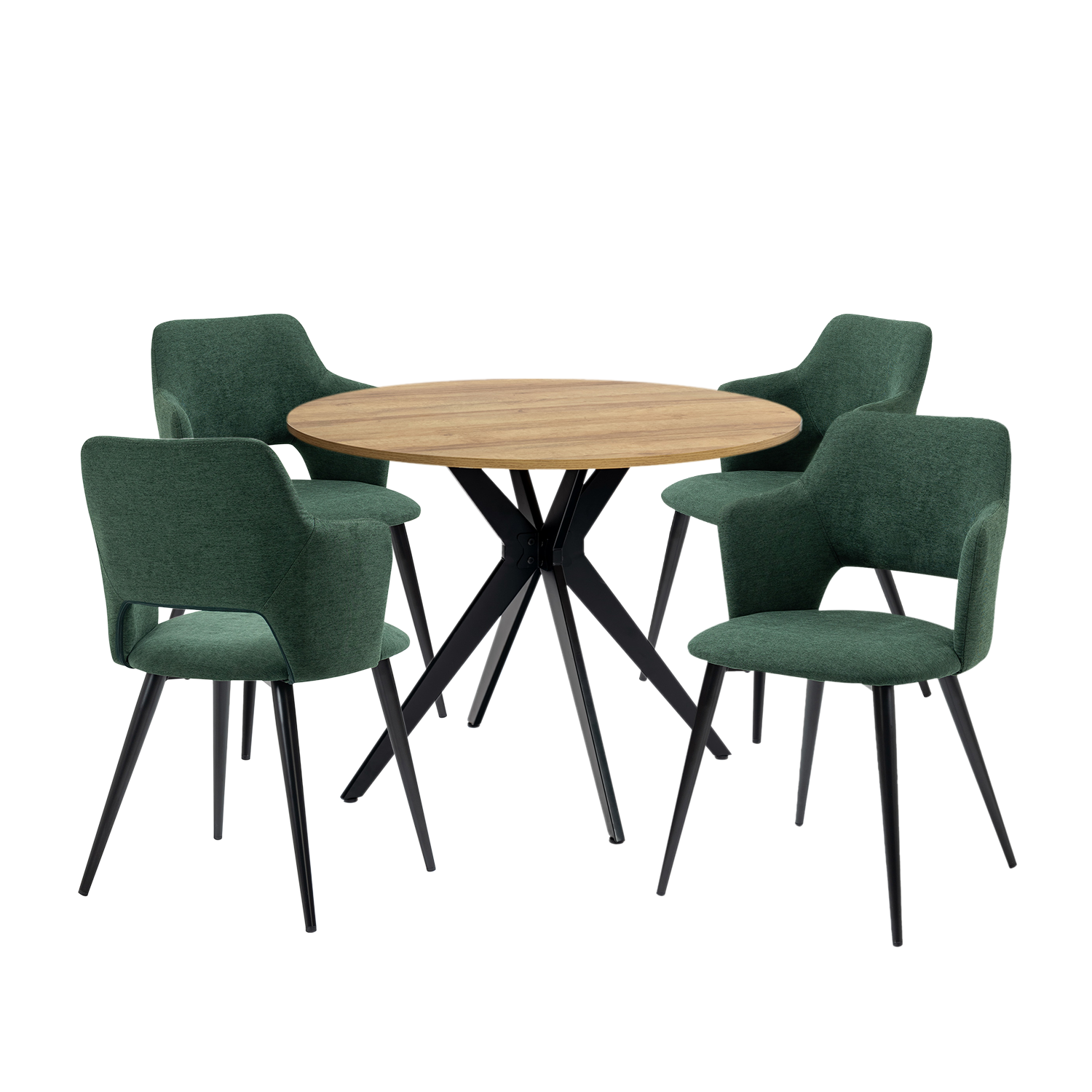 Ensemble table à manger ronde en chêne avec pieds en forme de X et 4 fauteuils en tissu vert de style scandinave pour salle à manger
