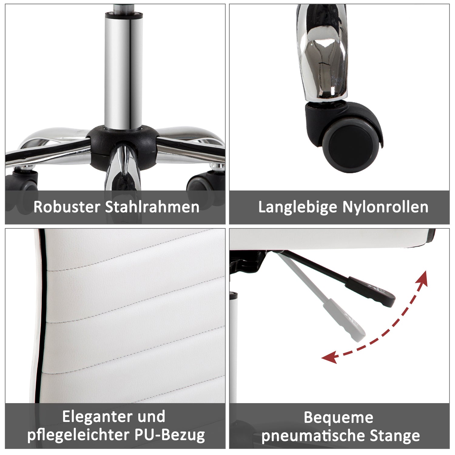 Bürostuhl ohne Armlehnen in weißer Leder in Höhe - 78 bis 90 cm