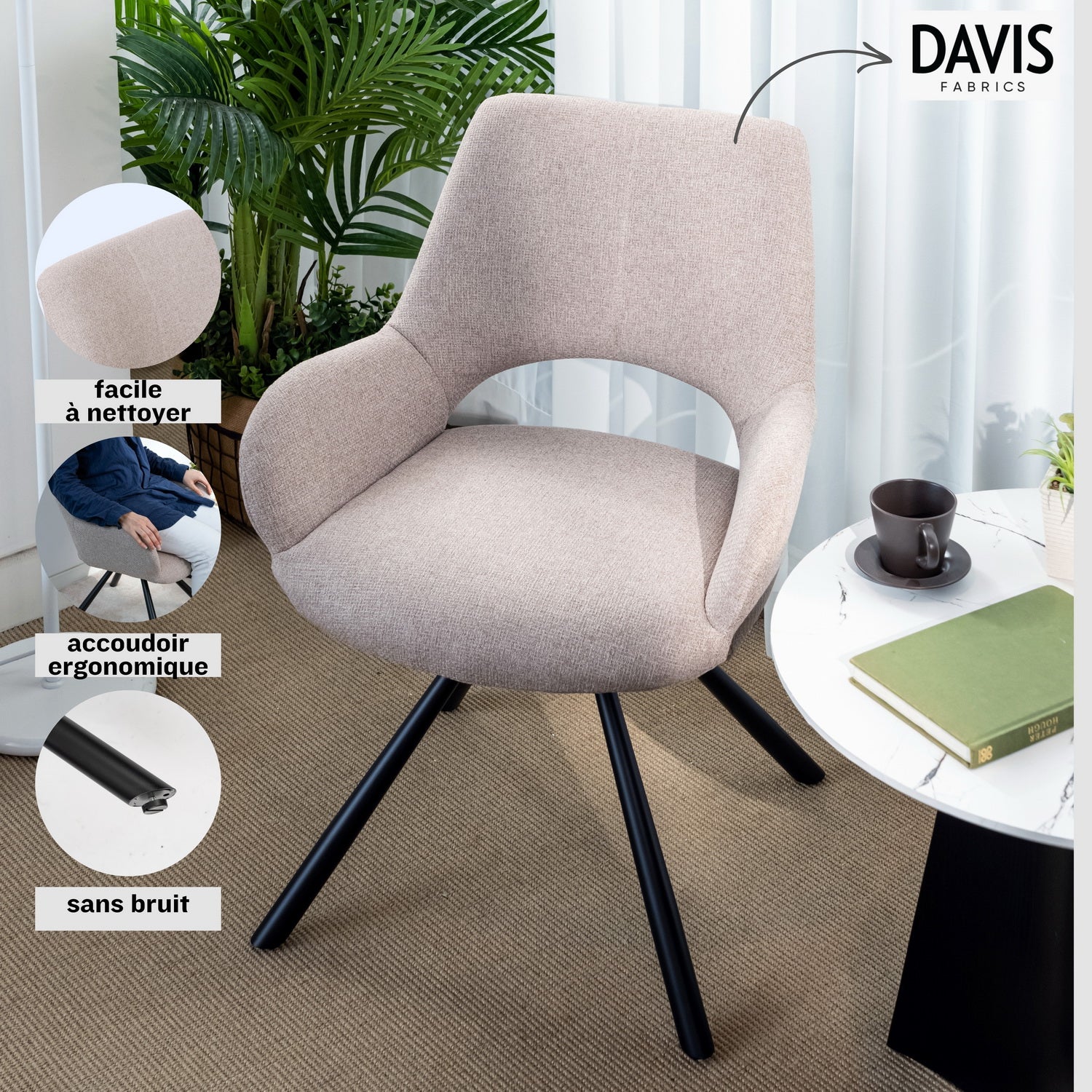 Lot de 6 chaises de salle à manger scandinaves avec accoudoirs en tissu beige - BETH