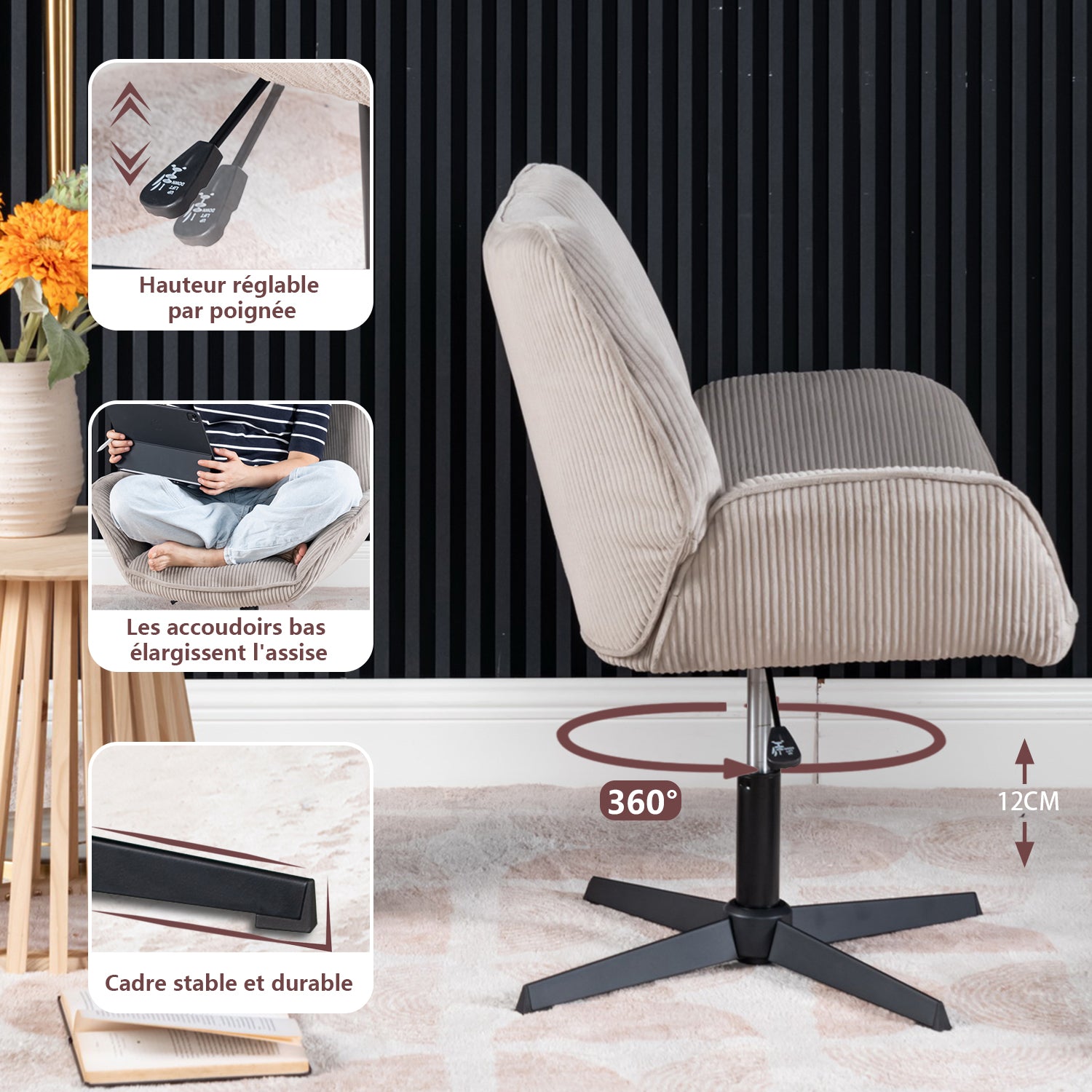 Drehbarer, verstellbarer Freizeitsessel mit grauen Cord-Armlehnen – DUROTHIL