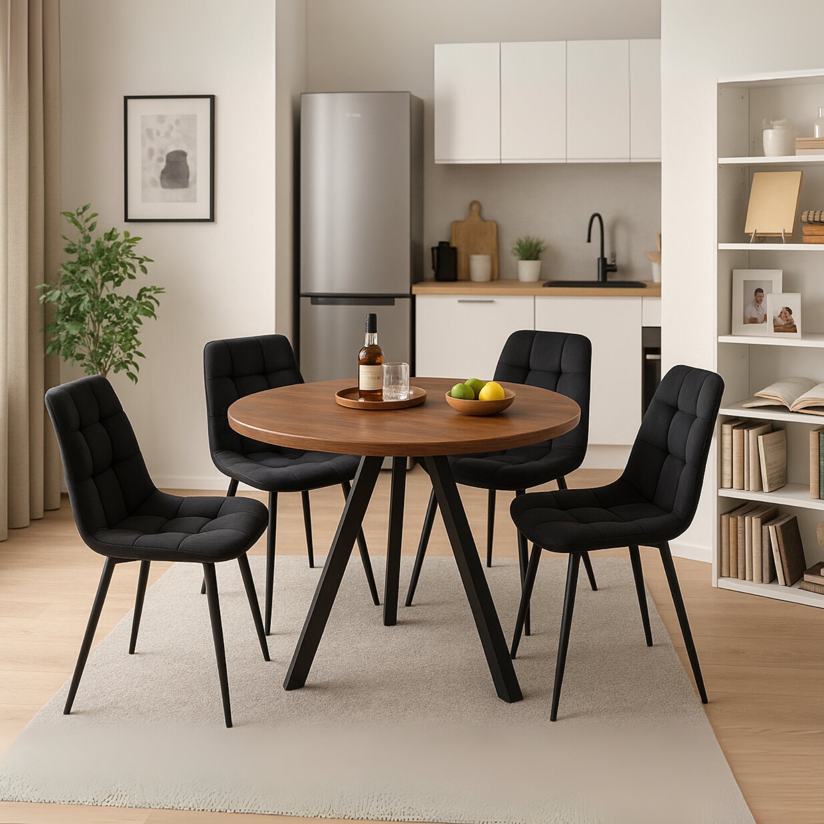 Runder Tisch in Walnussoptik Ø80 cm mit 4 schwarzen Samtstühlen, moderner und komfortabler Stil