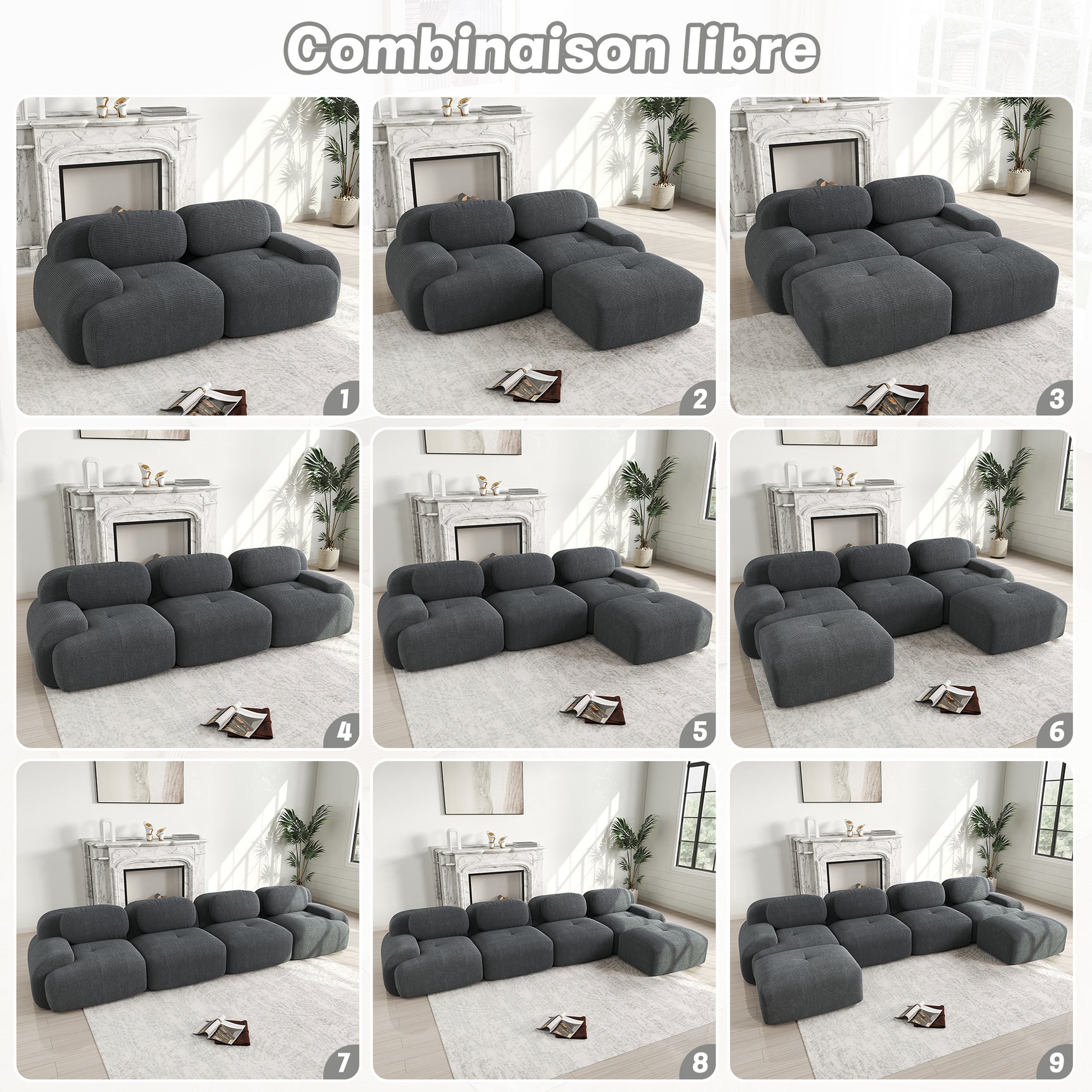 Ensemble de canapés avec accoudoirs incurvés et base antidérapante en tissu velours côtelé doux pour le salon, gris, siège 2 + tabouret 2