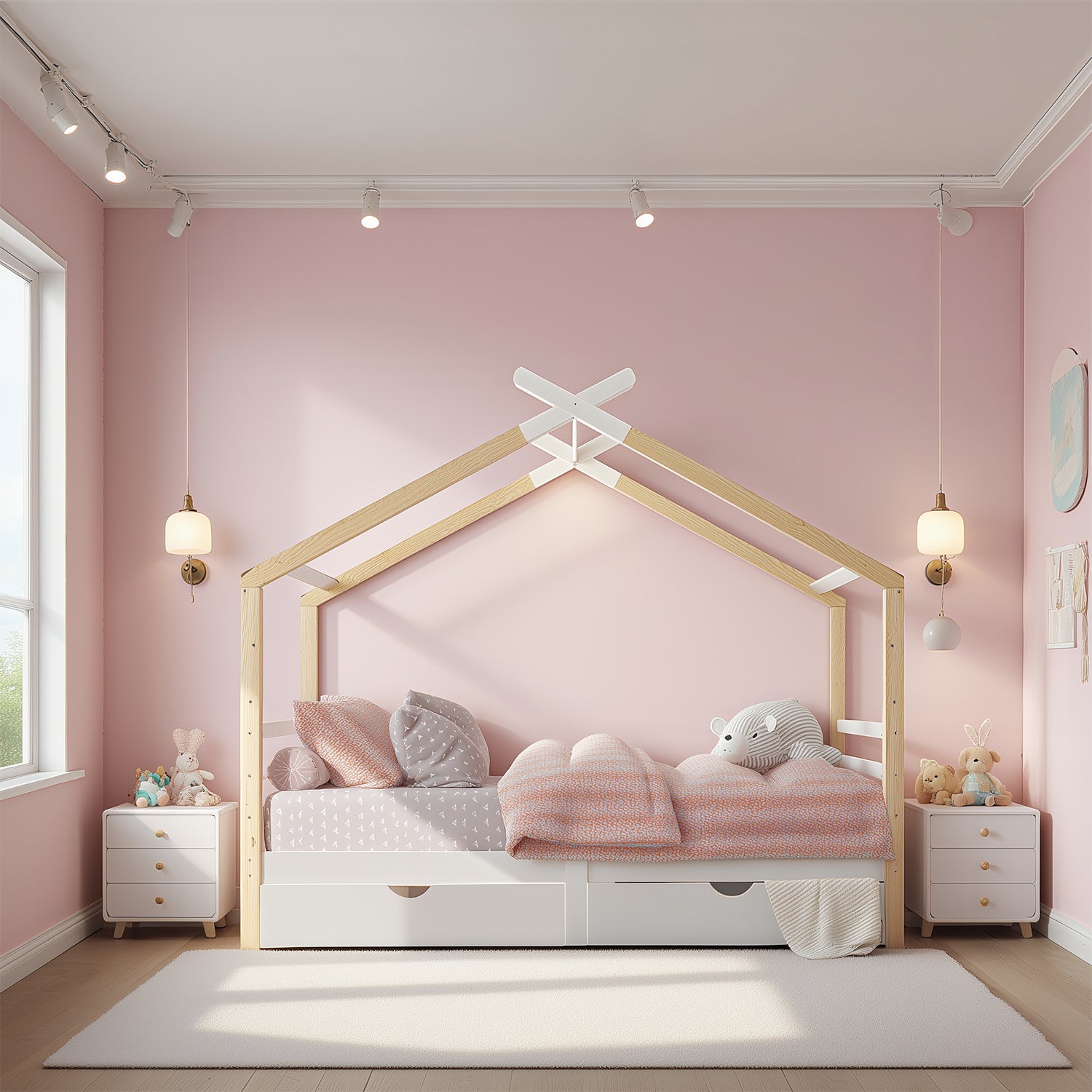 Kinderkabine 90x200 cm weißes und massives Holzholz mit geschmierigen Basis und 2 Lagerschubladen (ohne Matratzen)