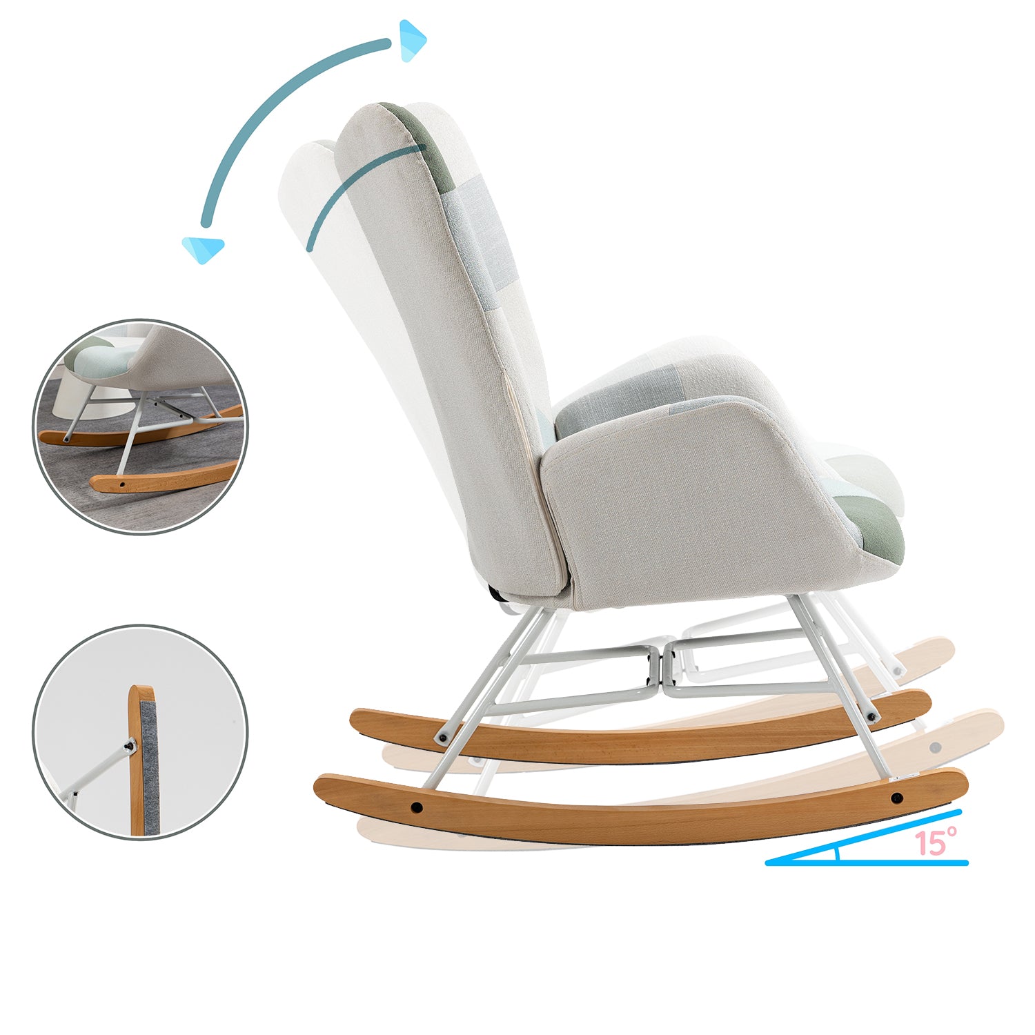 Fauteuil à bascule allaitement scandinave avec accoudoirs en tissu patchwork aqua capitonné - EPPING