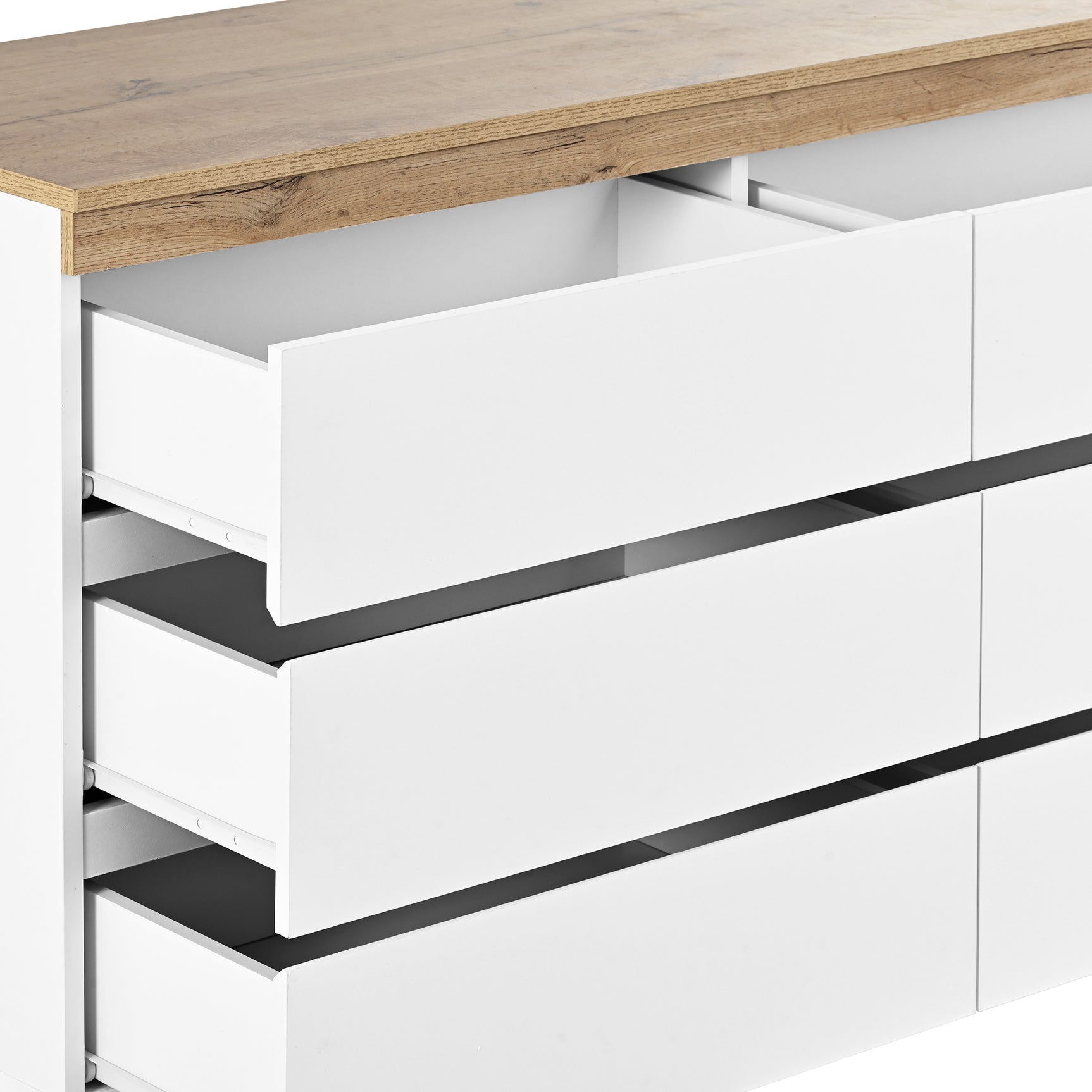 Commode blanche et chêne en panneau de particules E1 avec 6 tiroirs spacieux