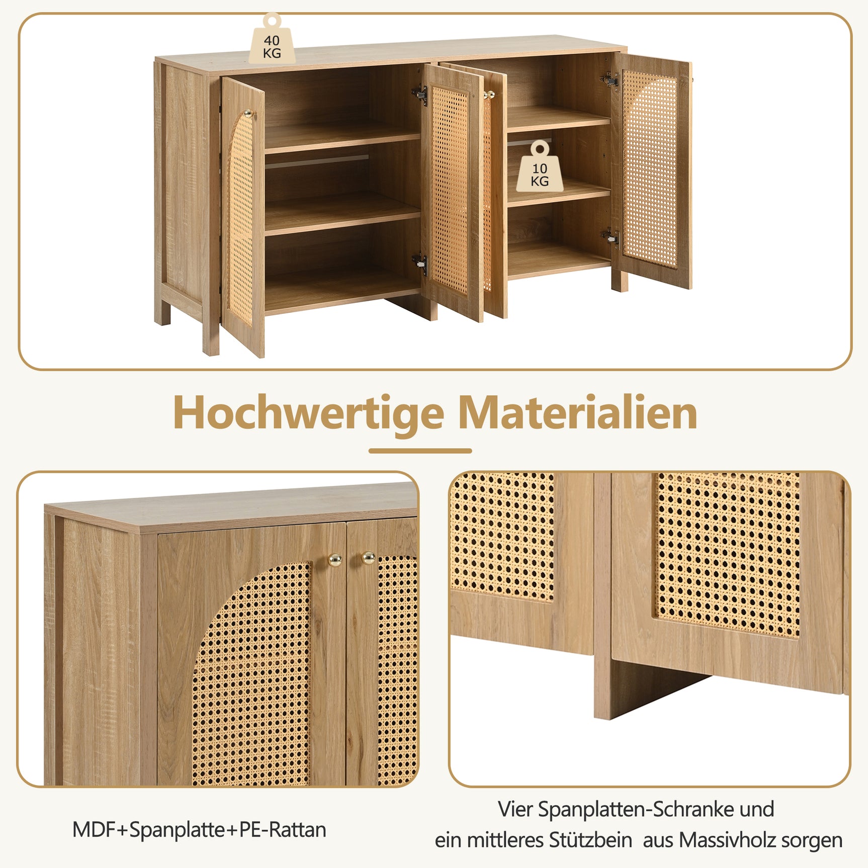 Modernes, minimalistisches Sideboard aus Naturholz mit 4 Rohrtüren und Metallgriffen