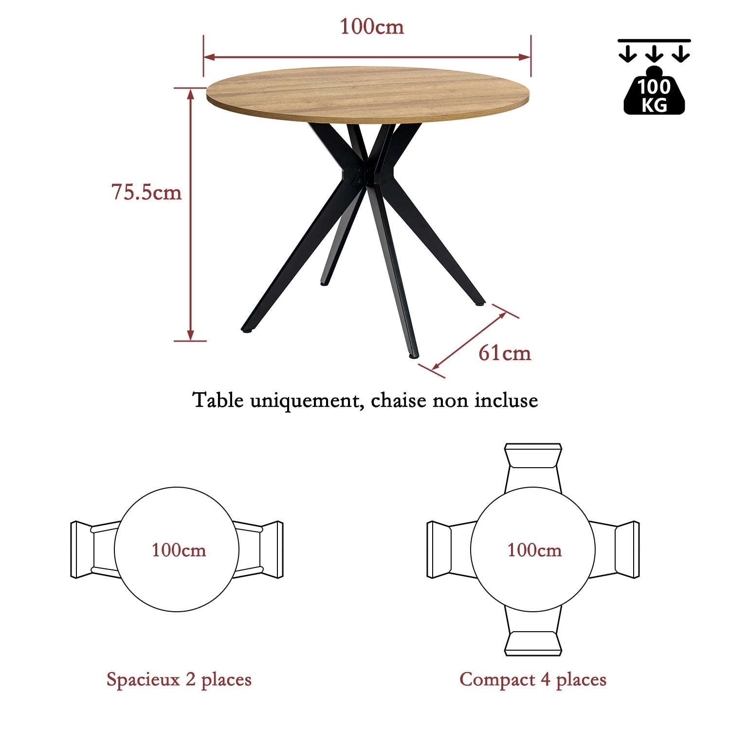 Ensemble table à manger ronde en chêne avec pieds en forme de X et 4 fauteuils en tissu beige de style scandinave pour salle à manger