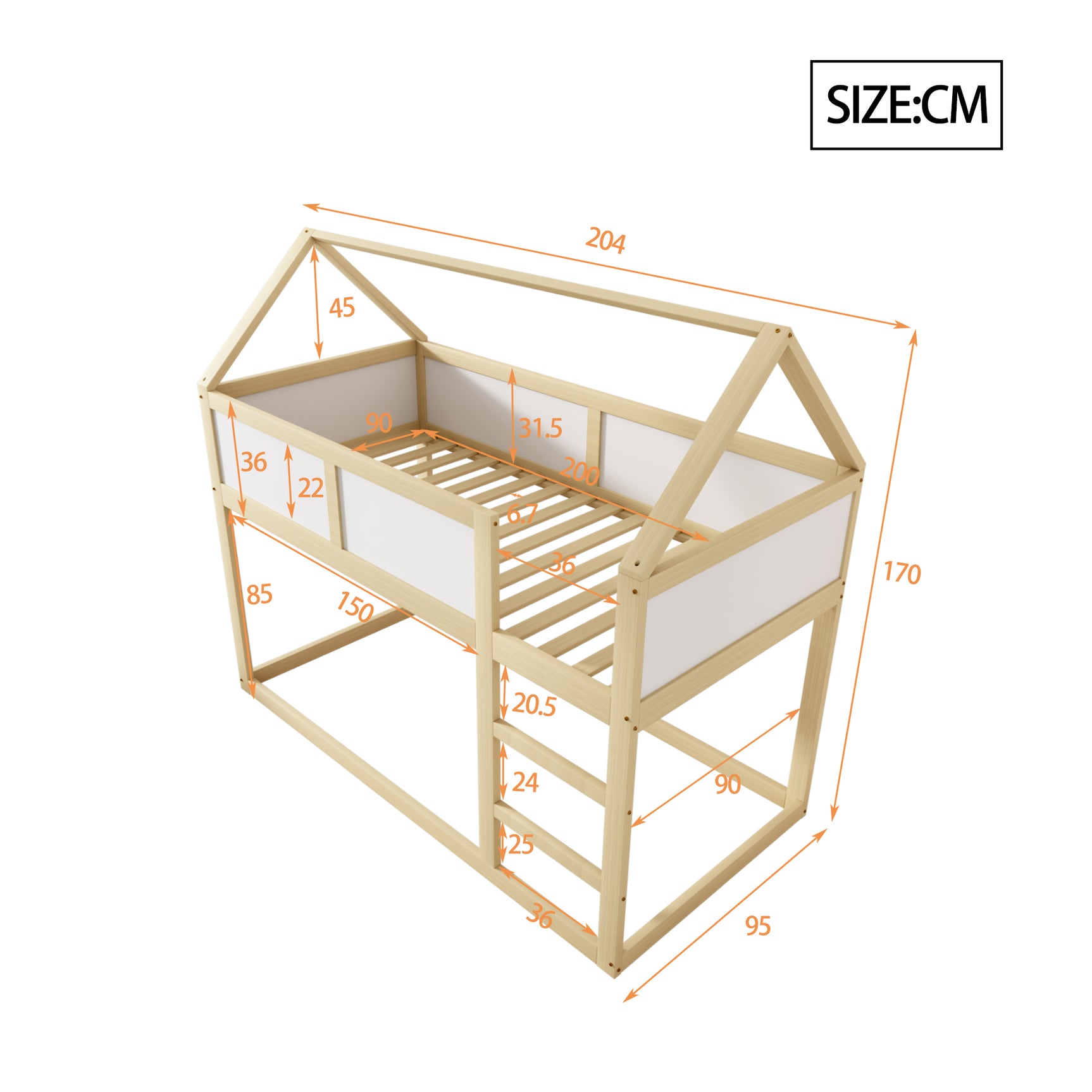 Hochbett für Kinder 90x200 cm aus Massivholz mit Leiter, Kabinendesign und Naturholzoberfläche