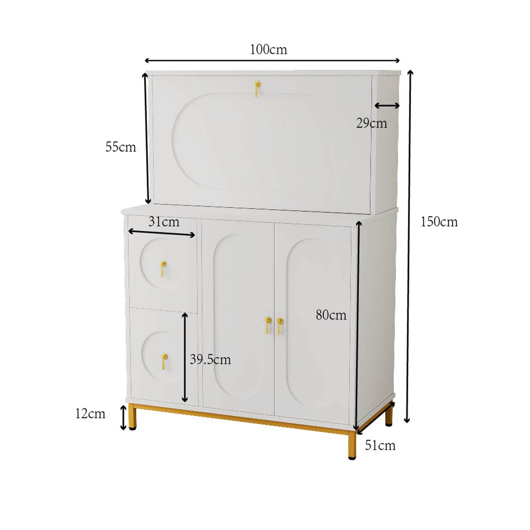 Secrétaire multifonctionnel avec plan de travail rabattable et grands espaces de rangement en blanc