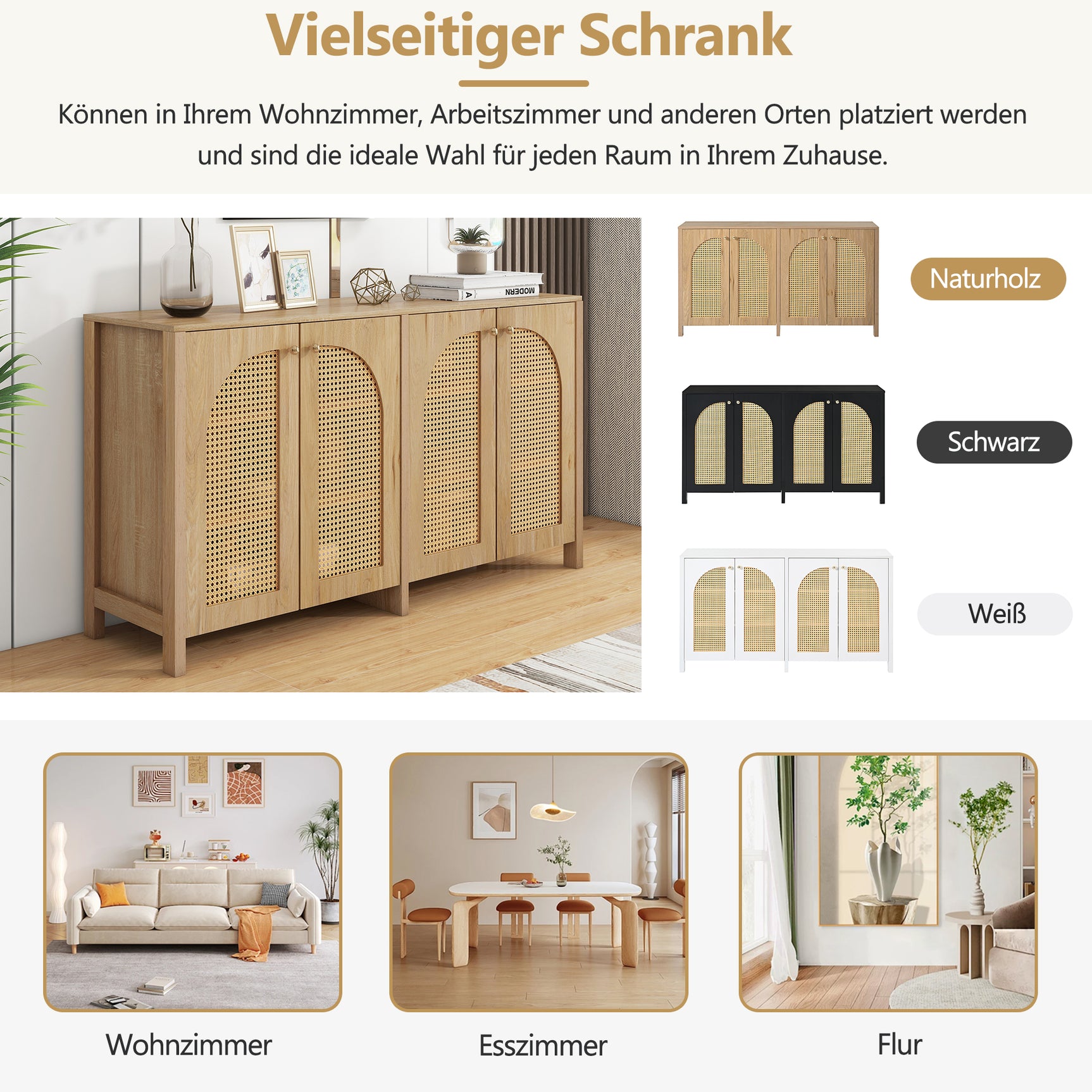 Modernes, minimalistisches Sideboard aus Naturholz mit 4 Rohrtüren und Metallgriffen
